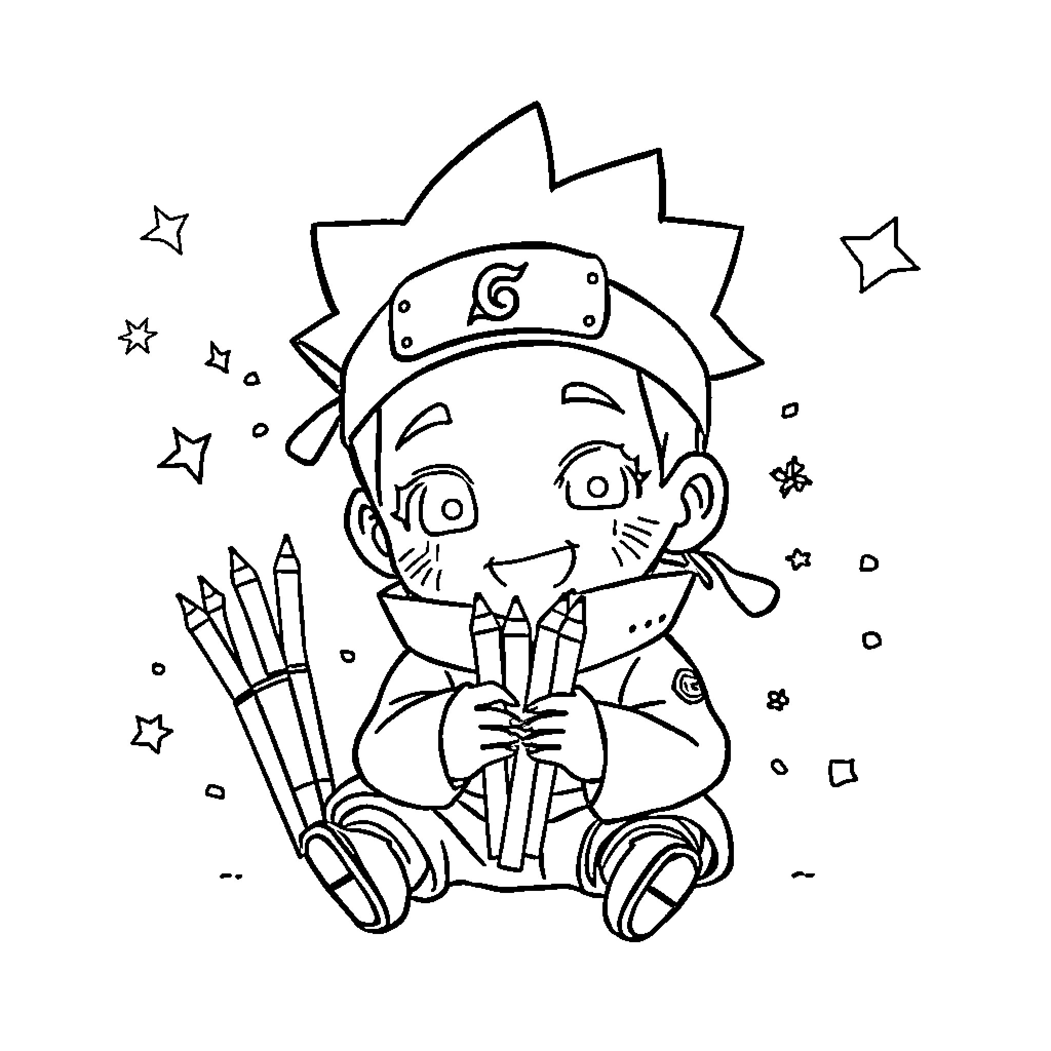 Naruto Sitting Happily with Ninja Tools and Stars Coloring Page (free black-and-white line drawing printable PDF for all, from beginners to advanced learners, including children, teens, adults, and seniors)