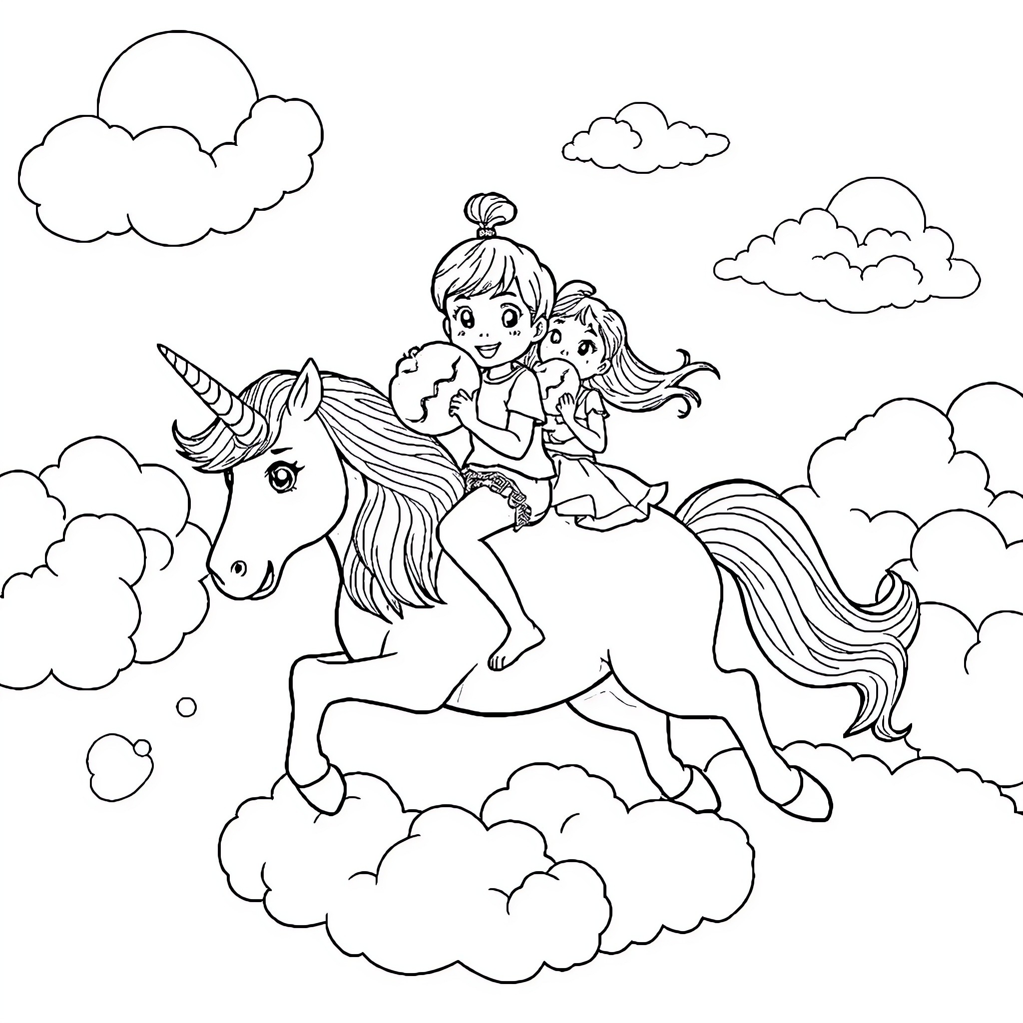 Unicorn riding with girl and her friend in the clouds Coloring Page (free black-and-white line drawing printable PDF for all, from beginners to advanced learners, including children, teens, adults, and seniors)