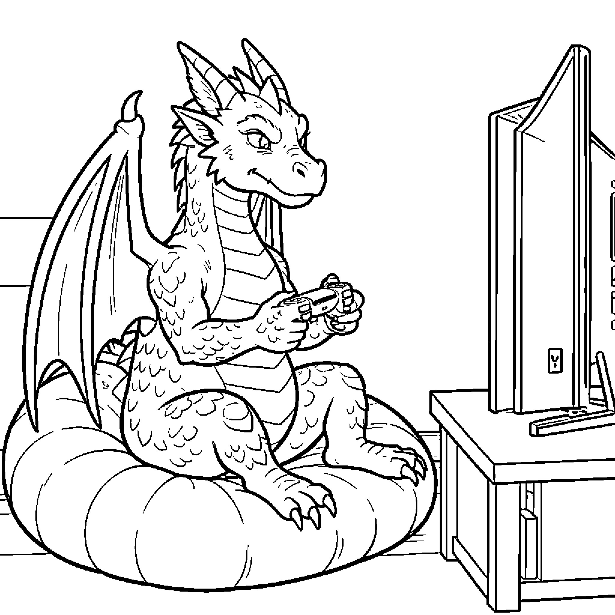Dragon sitting on a beanbag playing video games Coloring Page (free black-and-white line drawing printable PDF for all, from beginners to advanced learners, including children, teens, adults, and seniors)