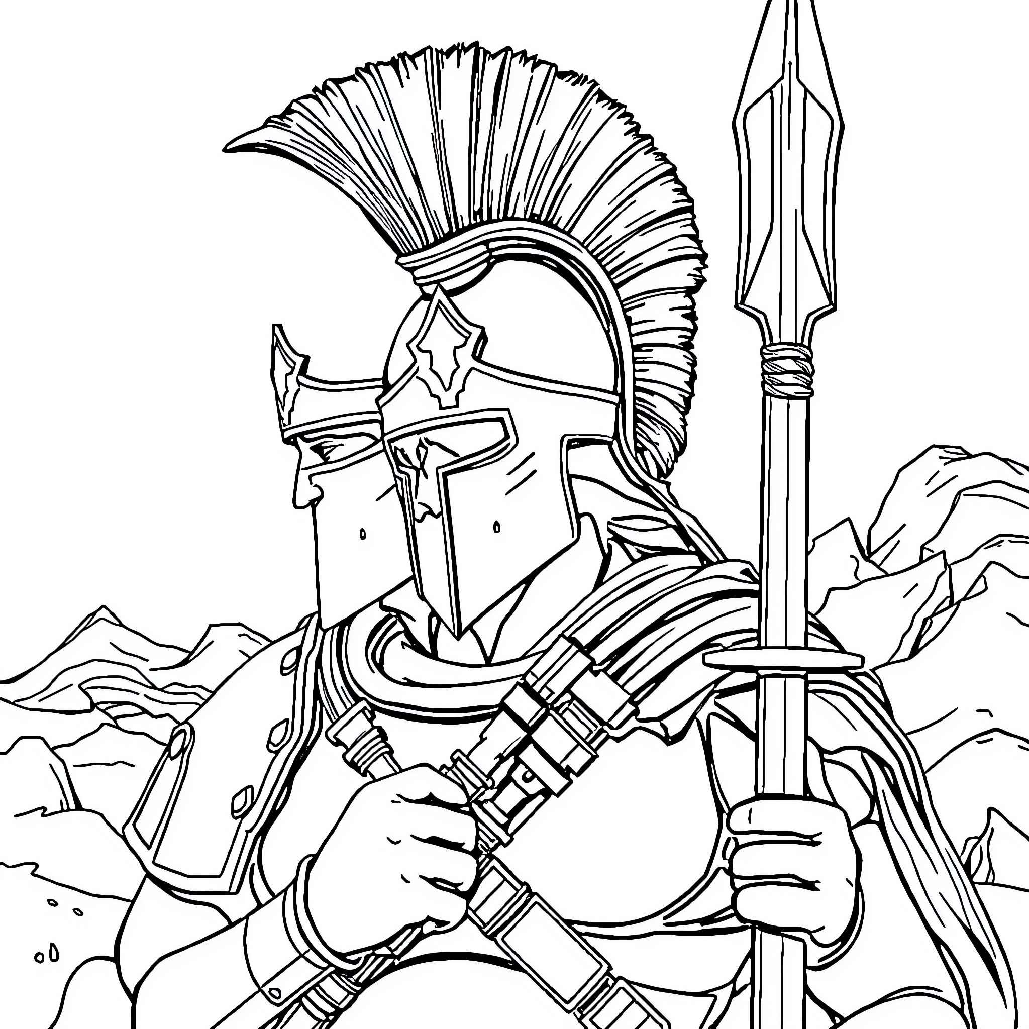 Espartan Warrior Wielding Spear and Shield Coloring Page (free black-and-white line drawing printable PDF for all, from beginners to advanced learners, including children, teens, adults, and seniors)