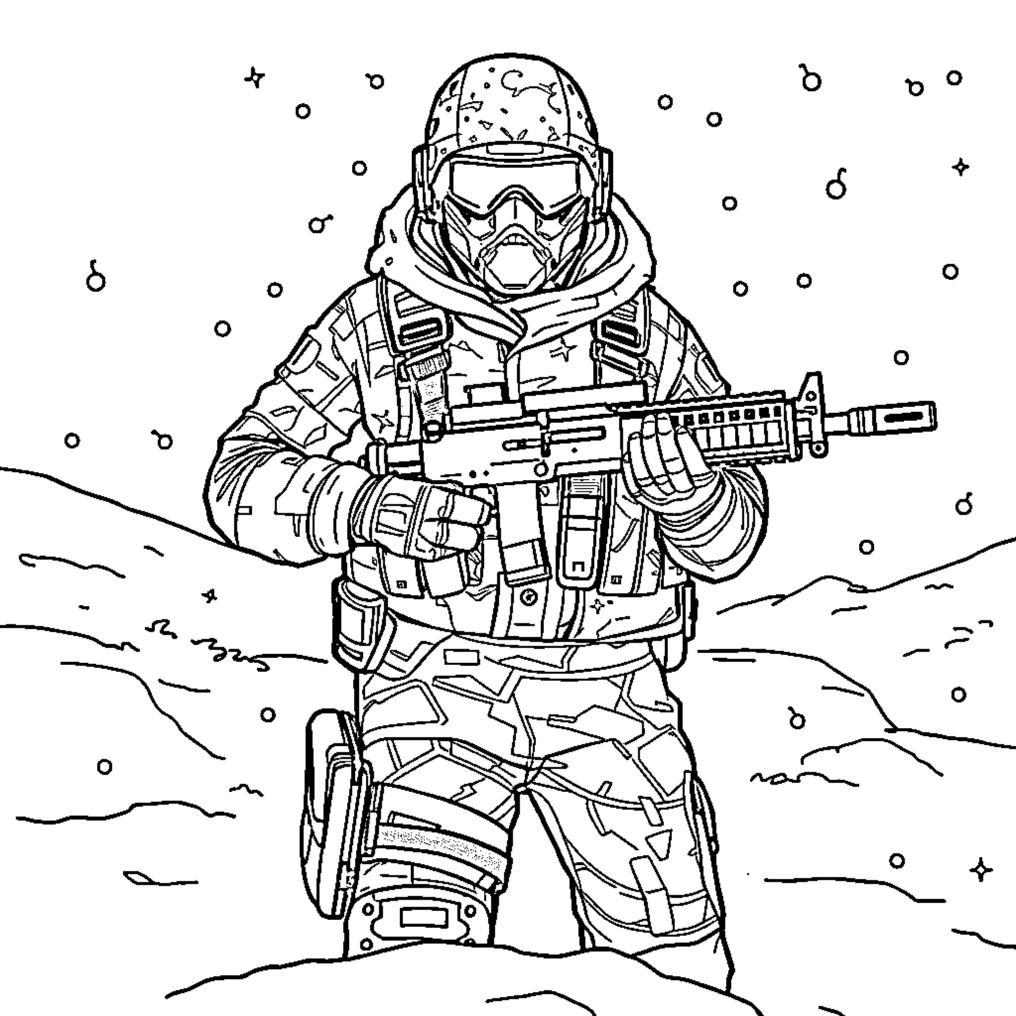Call of Duty: Soldier in Winter Warfare Coloring Page (free black-and-white line drawing printable PDF for all, from beginners to advanced learners, including children, teens, adults, and seniors)