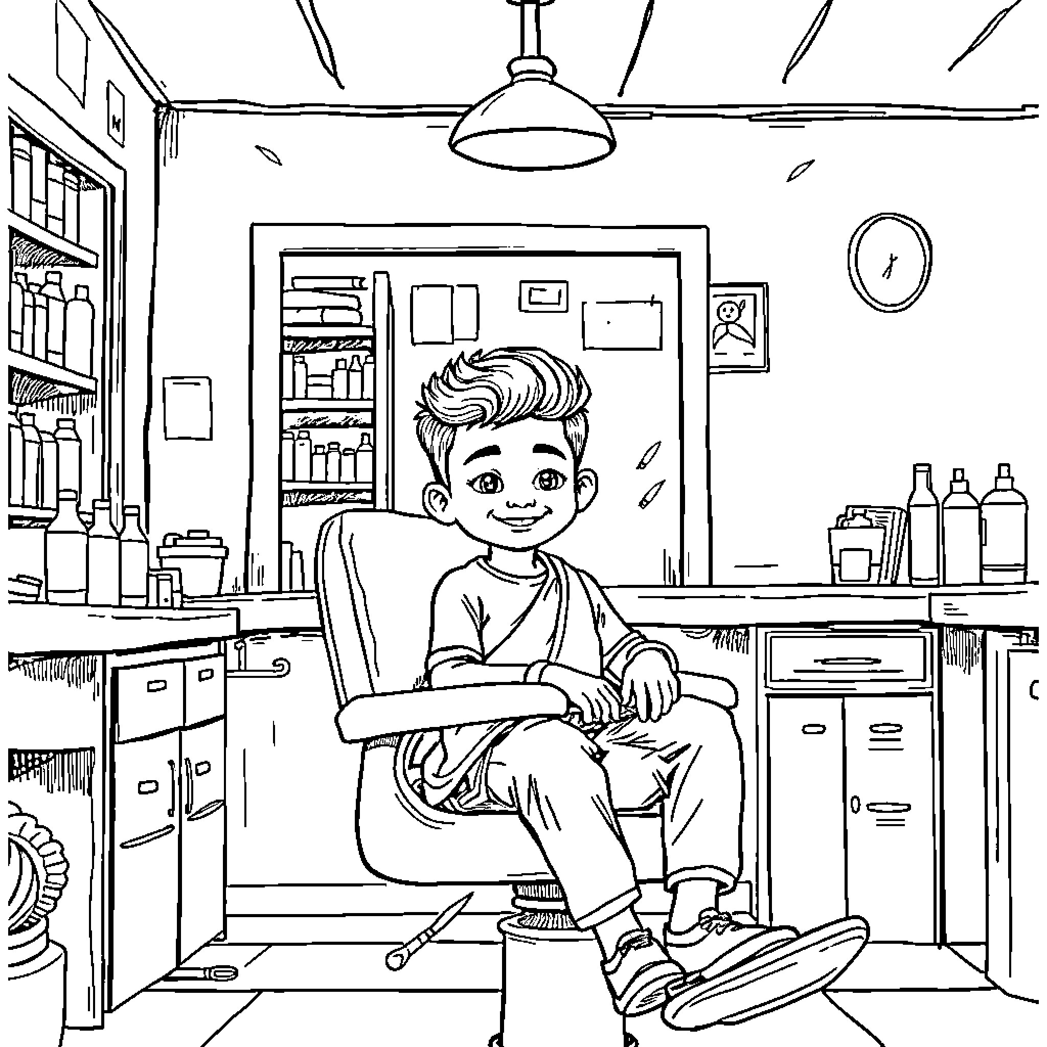 Boy sitting cheerfully in a cozy room Coloring Page (free black-and-white line drawing printable PDF for all, from beginners to advanced learners, including children, teens, adults, and seniors)