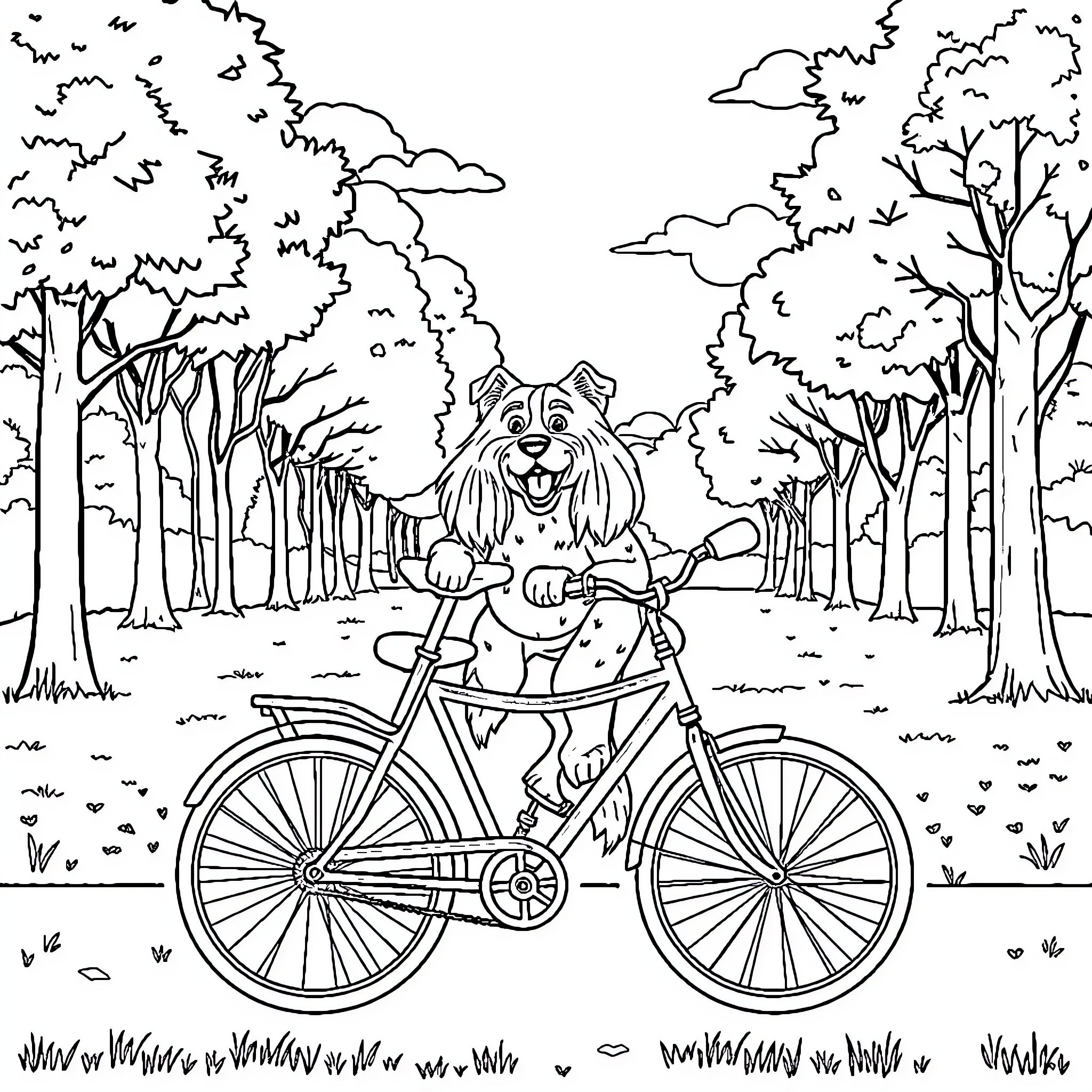 Dog riding a bicycle through the forest Coloring Page (free black-and-white line drawing printable PDF for all, from beginners to advanced learners, including children, teens, adults, and seniors)