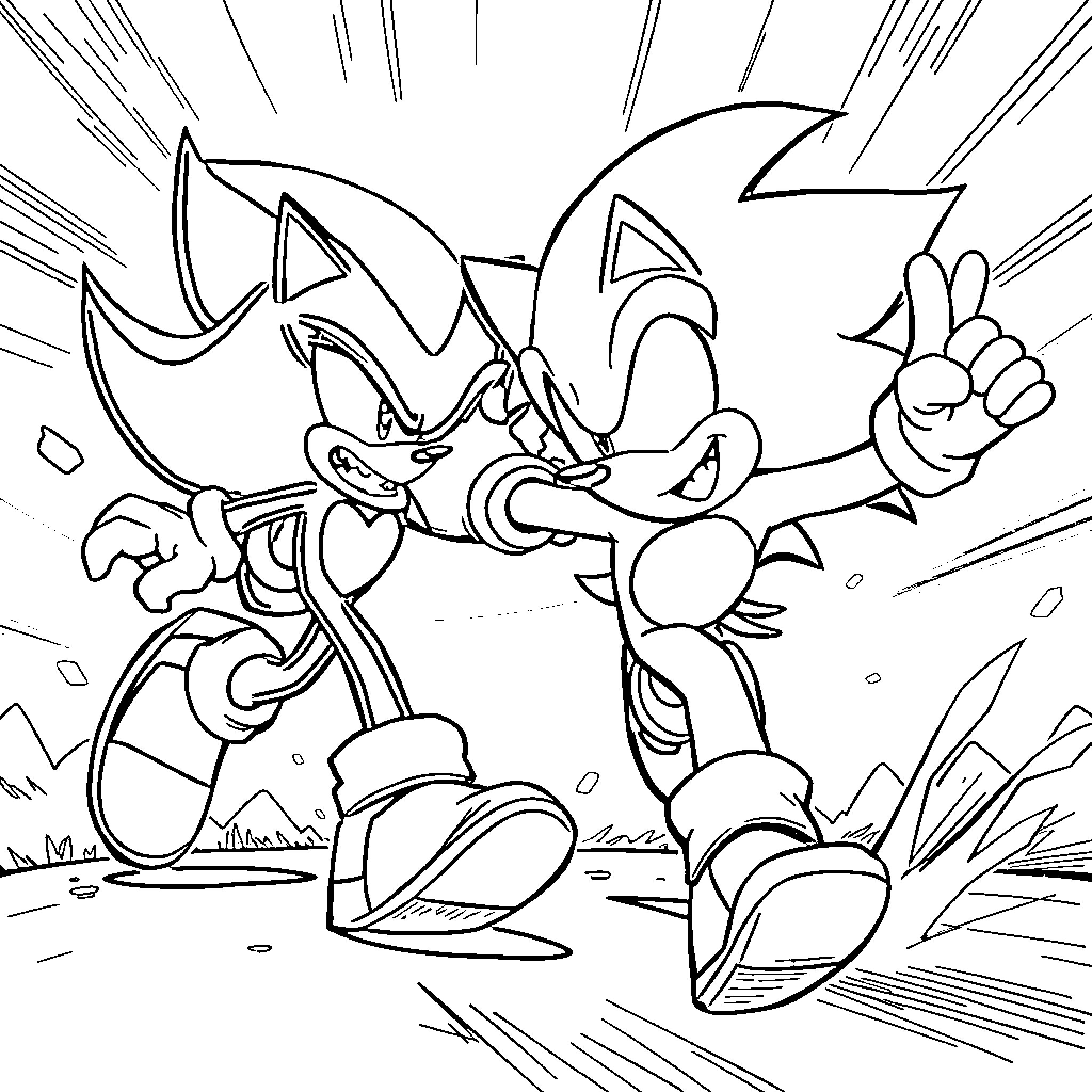 Sonic characters in high-speed action Coloring Page (free black-and-white line drawing printable PDF for all, from beginners to advanced learners, including children, teens, adults, and seniors)
