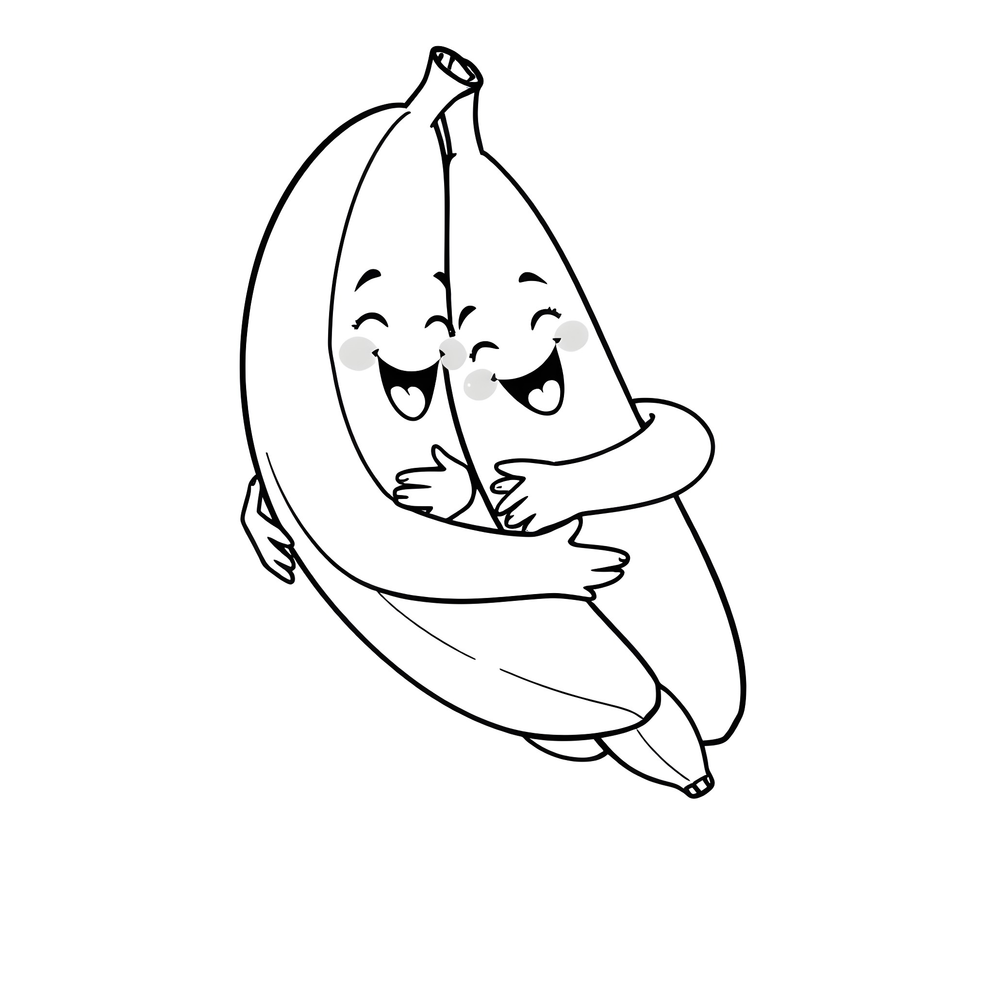 Banana friends hugging happily Coloring Page (free black-and-white line drawing printable PDF for all, from beginners to advanced learners, including children, teens, adults, and seniors)