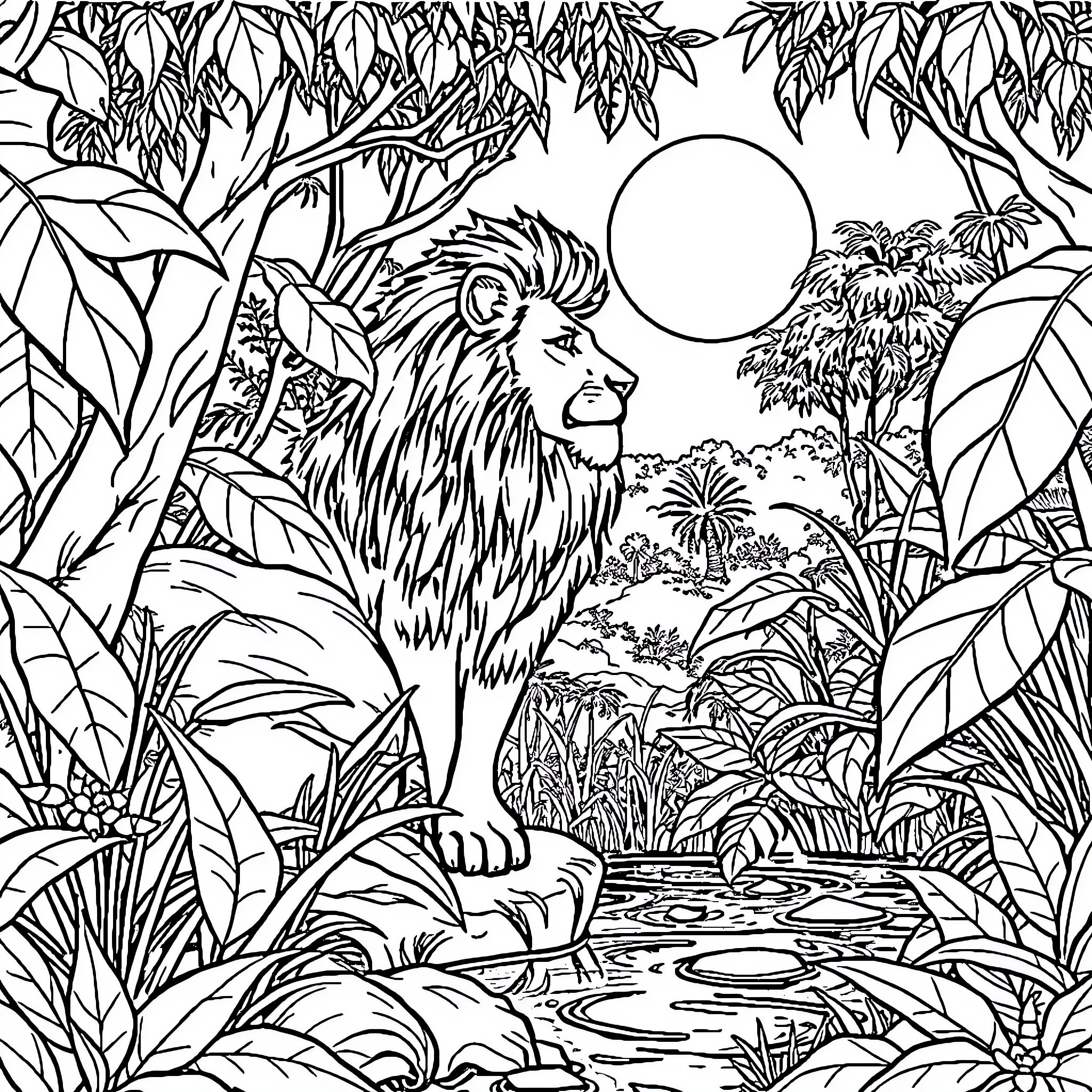 Leona the lion relaxing in the lush jungle Coloring Page (free black-and-white line drawing printable PDF for all, from beginners to advanced learners, including children, teens, adults, and seniors)