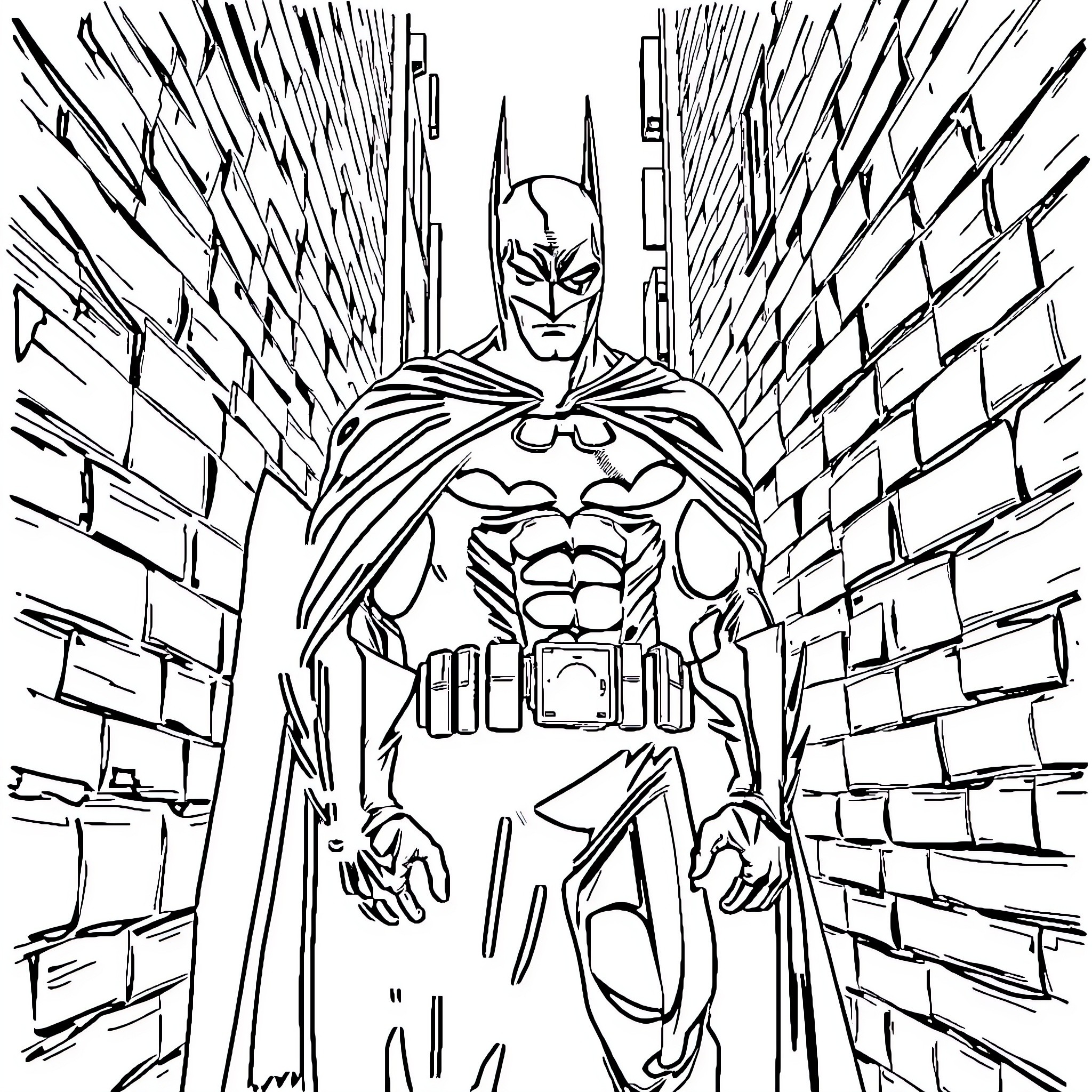 Batman in a dark and gritty urban setting Coloring Page (free black-and-white line drawing printable PDF for all, from beginners to advanced learners, including children, teens, adults, and seniors)