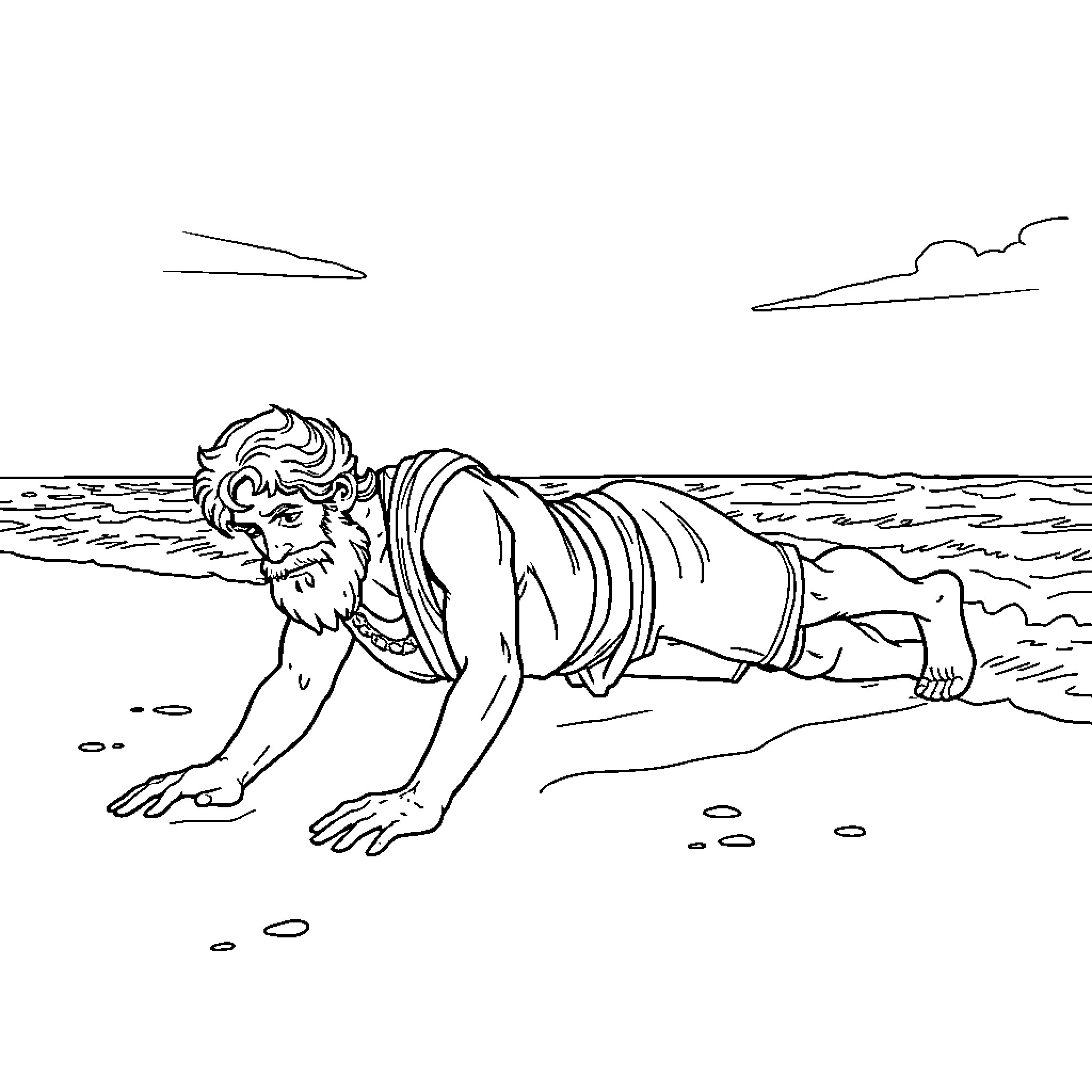 Odysseus washes ashore after shipwreck on the beach Coloring Page (free black-and-white line drawing printable PDF for all, from beginners to advanced learners, including children, teens, adults, and seniors)