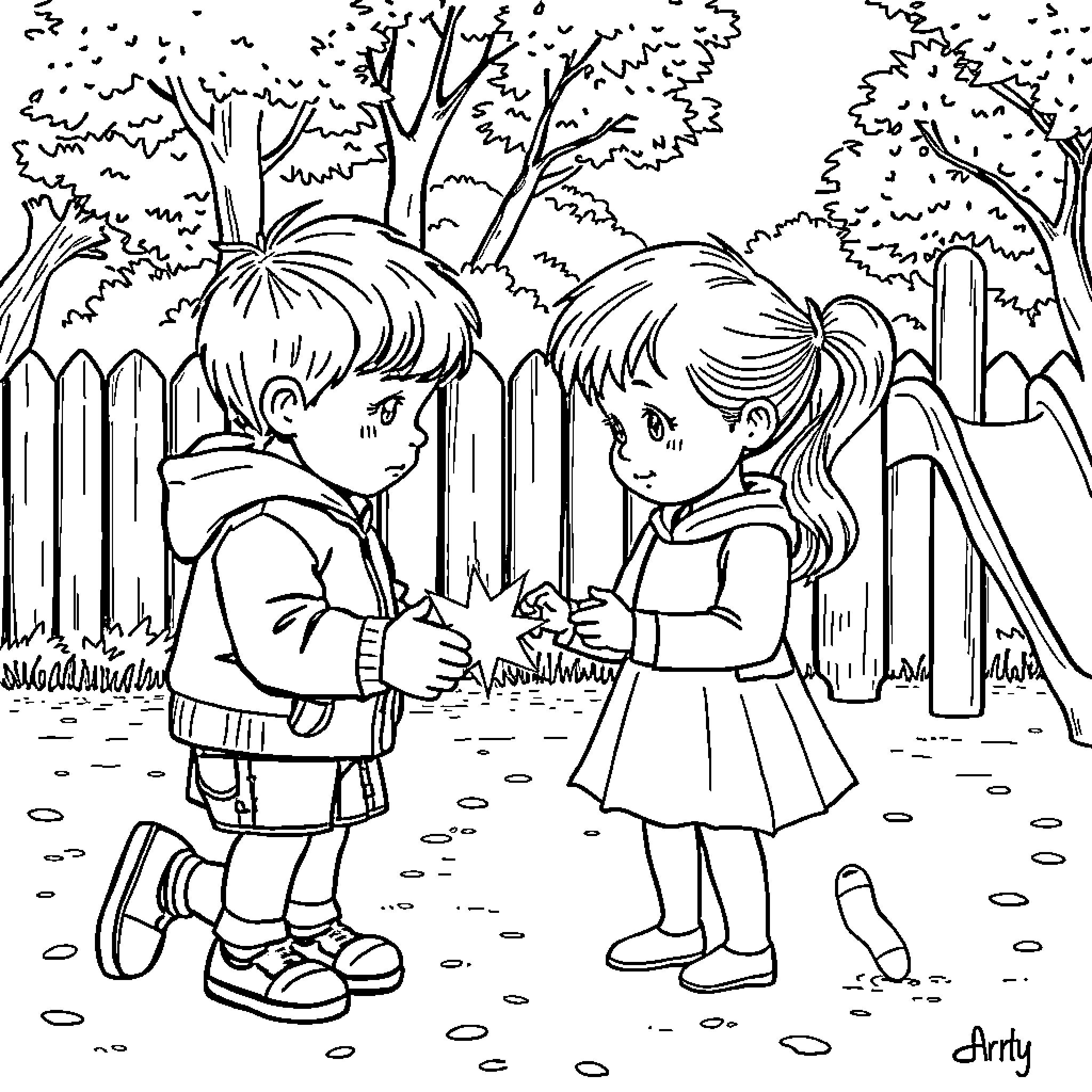 Kid Couple Sharing in Outdoor Scene Coloring Page (free black-and-white line drawing printable PDF for all, from beginners to advanced learners, including children, teens, adults, and seniors)