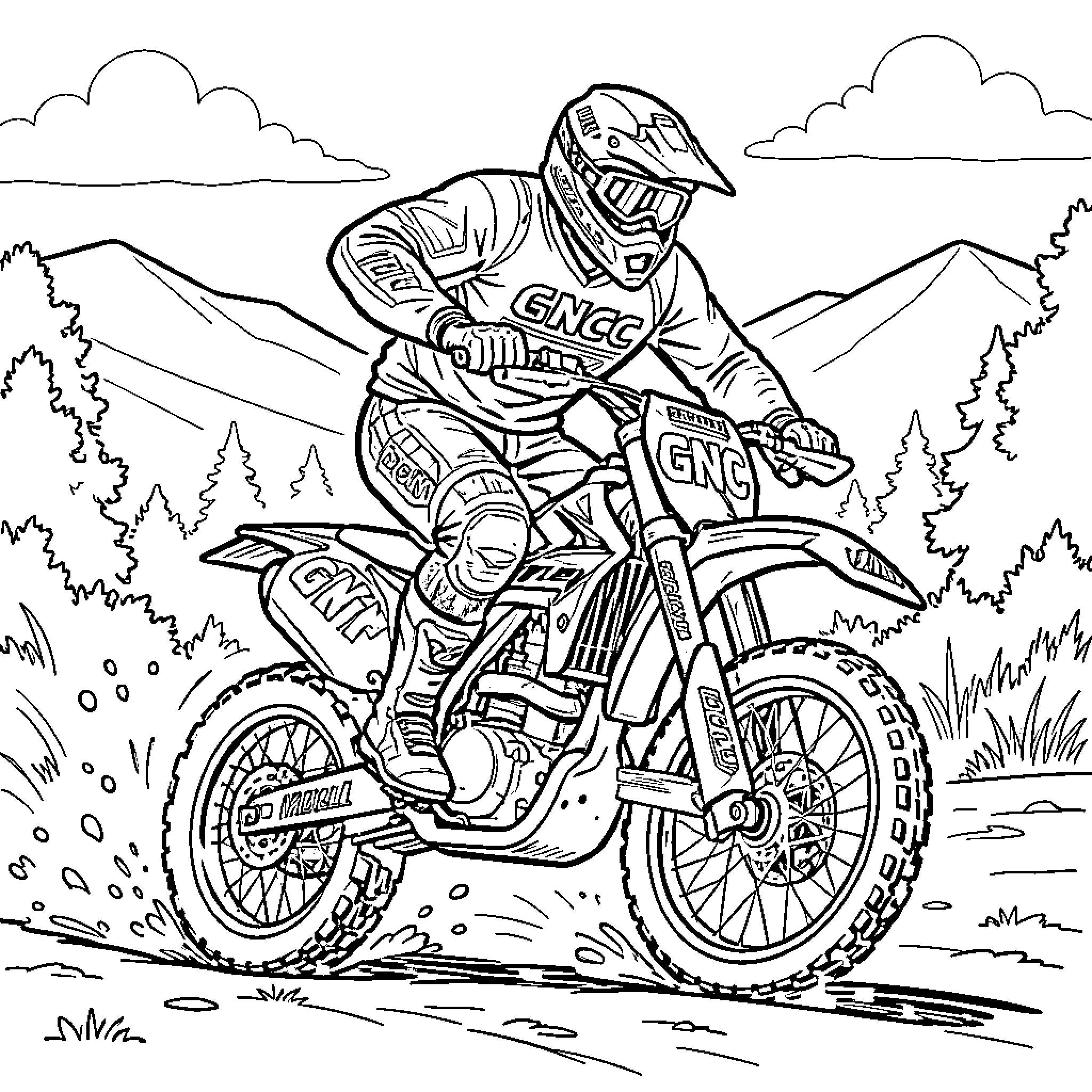 Adam McGill riding a motocross bike through mountains Coloring Page (free black-and-white line drawing printable PDF for all, from beginners to advanced learners, including children, teens, adults, and seniors)