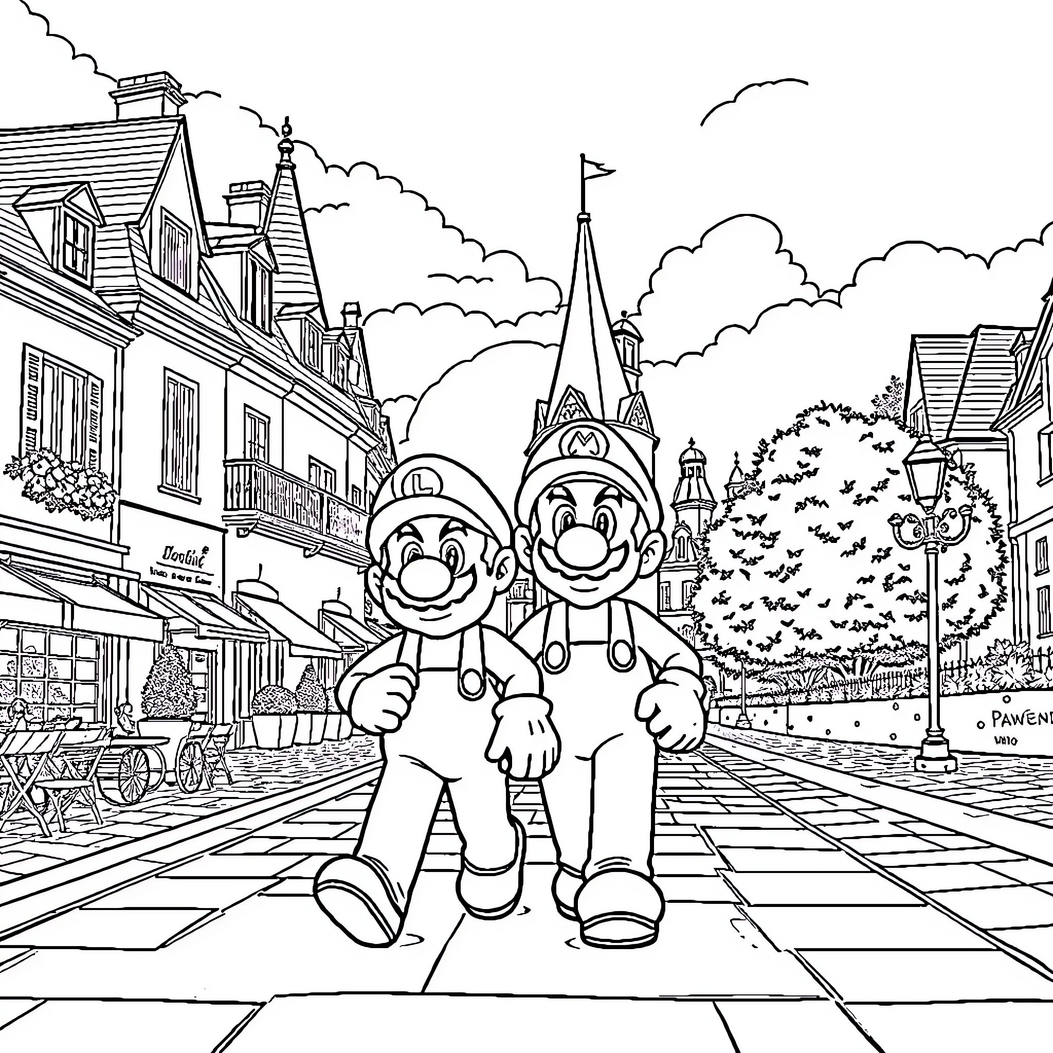 Mario and Luigi exploring the whimsical town Coloring Page (free black-and-white line drawing printable PDF for all, from beginners to advanced learners, including children, teens, adults, and seniors)