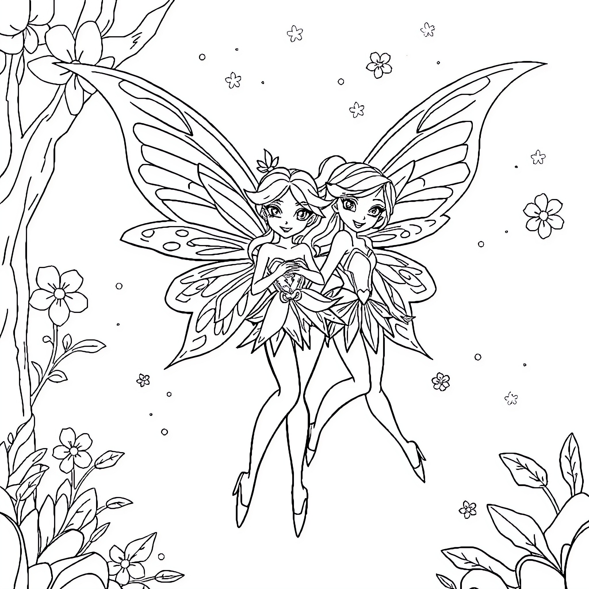 Winx fairies surrounded by flowers and nature Coloring Page (free black-and-white line drawing printable PDF for all, from beginners to advanced learners, including children, teens, adults, and seniors)