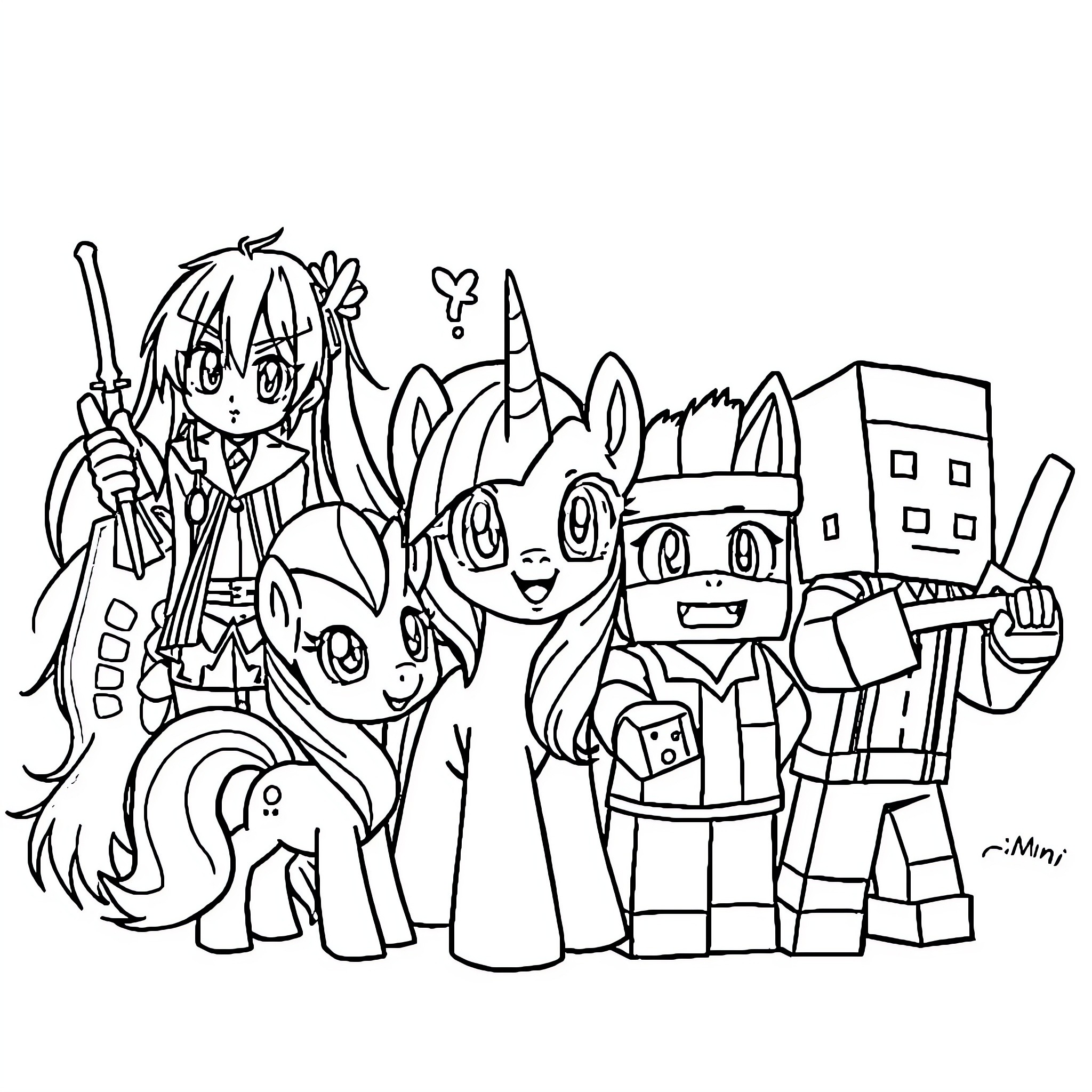 Miku and friends in a playful and whimsical scene Coloring Page (free black-and-white line drawing printable PDF for all, from beginners to advanced learners, including children, teens, adults, and seniors)