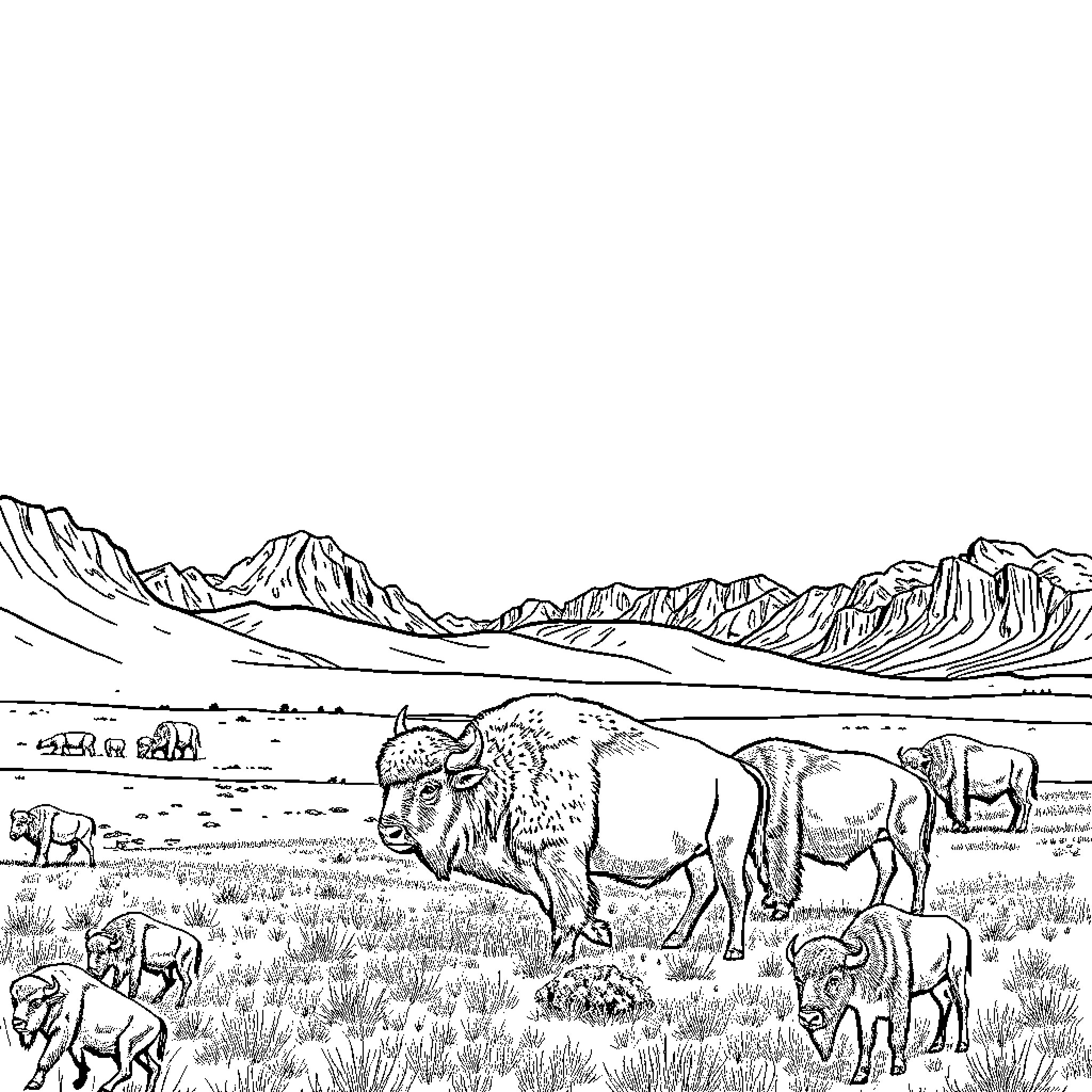 Animal herd grazing in mountain landscape Coloring Page (free black-and-white line drawing printable PDF for all, from beginners to advanced learners, including children, teens, adults, and seniors)