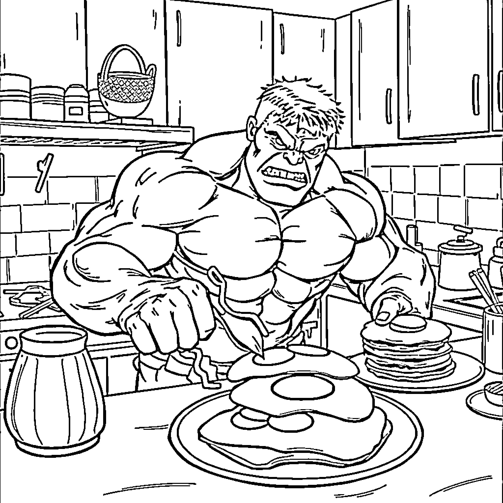 Hulk Cooking Breakfast in the Kitchen Coloring Page (free black-and-white line drawing printable PDF for all, from beginners to advanced learners, including children, teens, adults, and seniors)