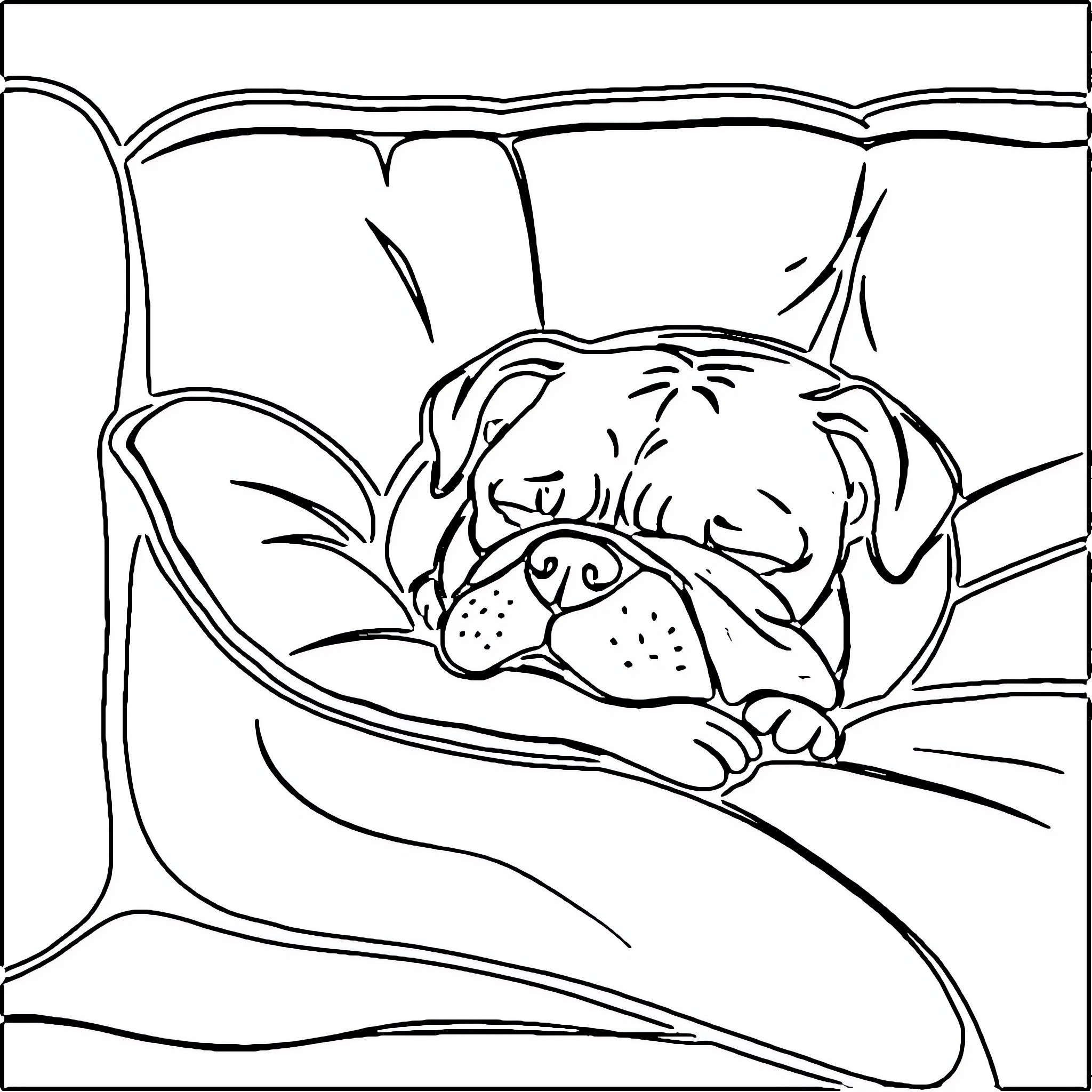 Bulldog sleeping peacefully on a cozy bed Coloring Page (free black-and-white line drawing printable PDF for all, from beginners to advanced learners, including children, teens, adults, and seniors)