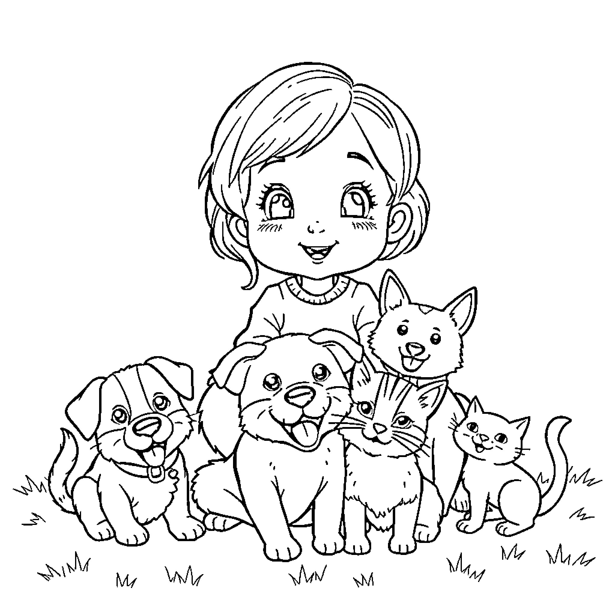 Dog and the Happy Child with Pets Coloring Page (free black-and-white line drawing printable PDF for all, from beginners to advanced learners, including children, teens, adults, and seniors)