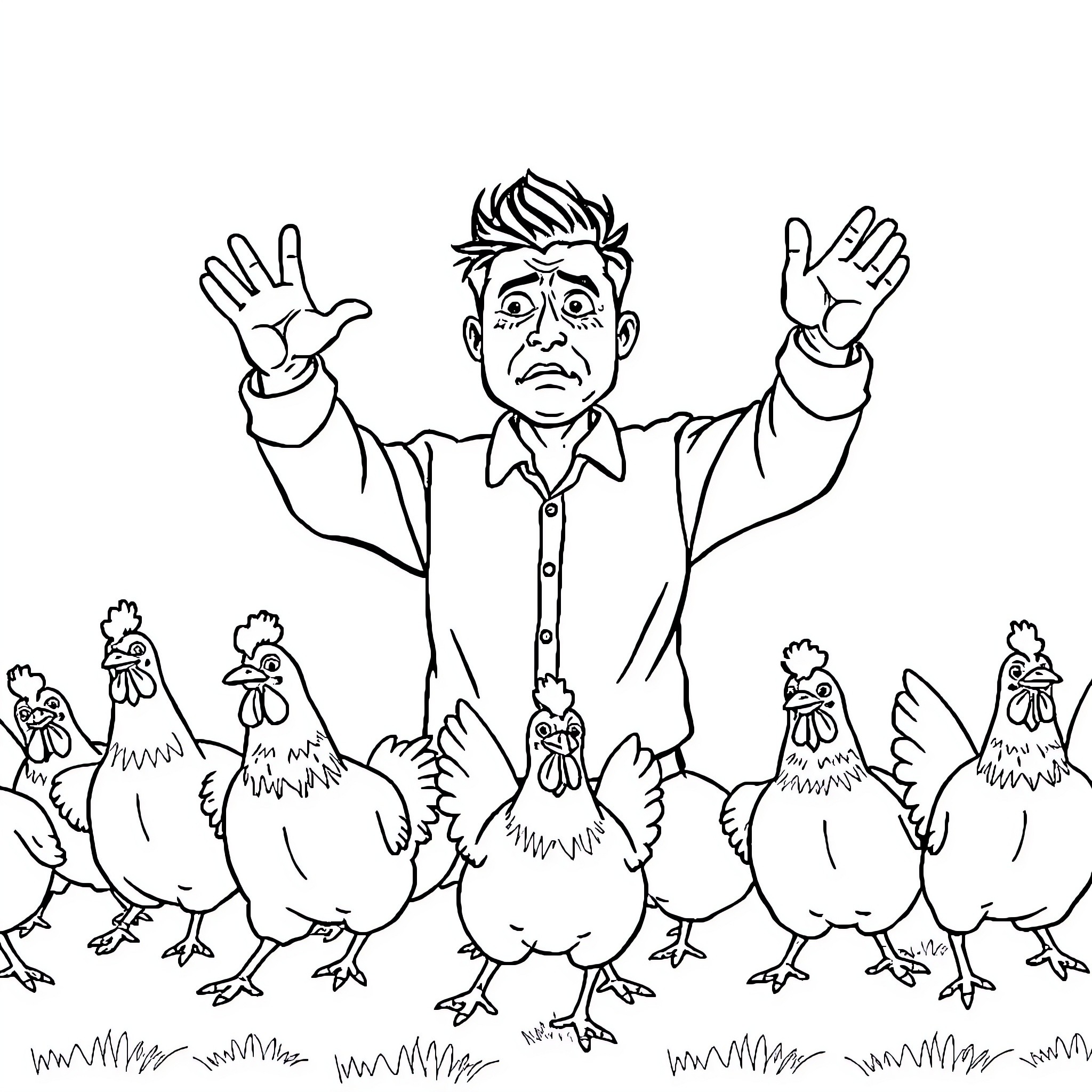 Man in Suit Surrounded by Chickens Coloring Page (free black-and-white line drawing printable PDF for all, from beginners to advanced learners, including children, teens, adults, and seniors)