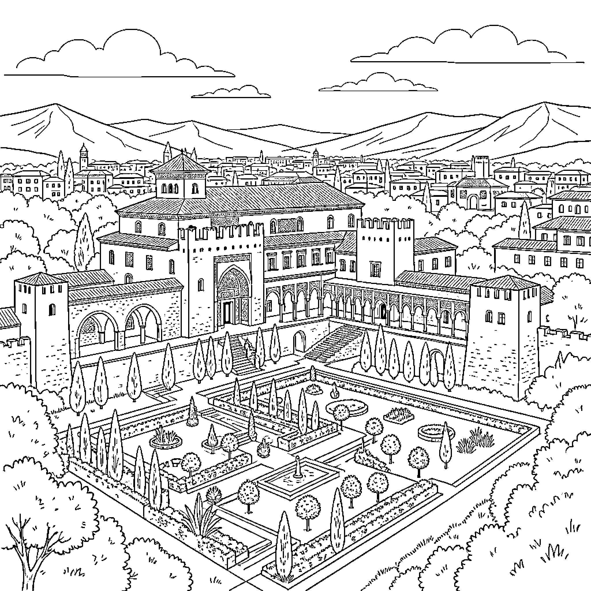 Alhambra palace overlooking a lush landscaped garden Coloring Page (free black-and-white line drawing printable PDF for all, from beginners to advanced learners, including children, teens, adults, and seniors)