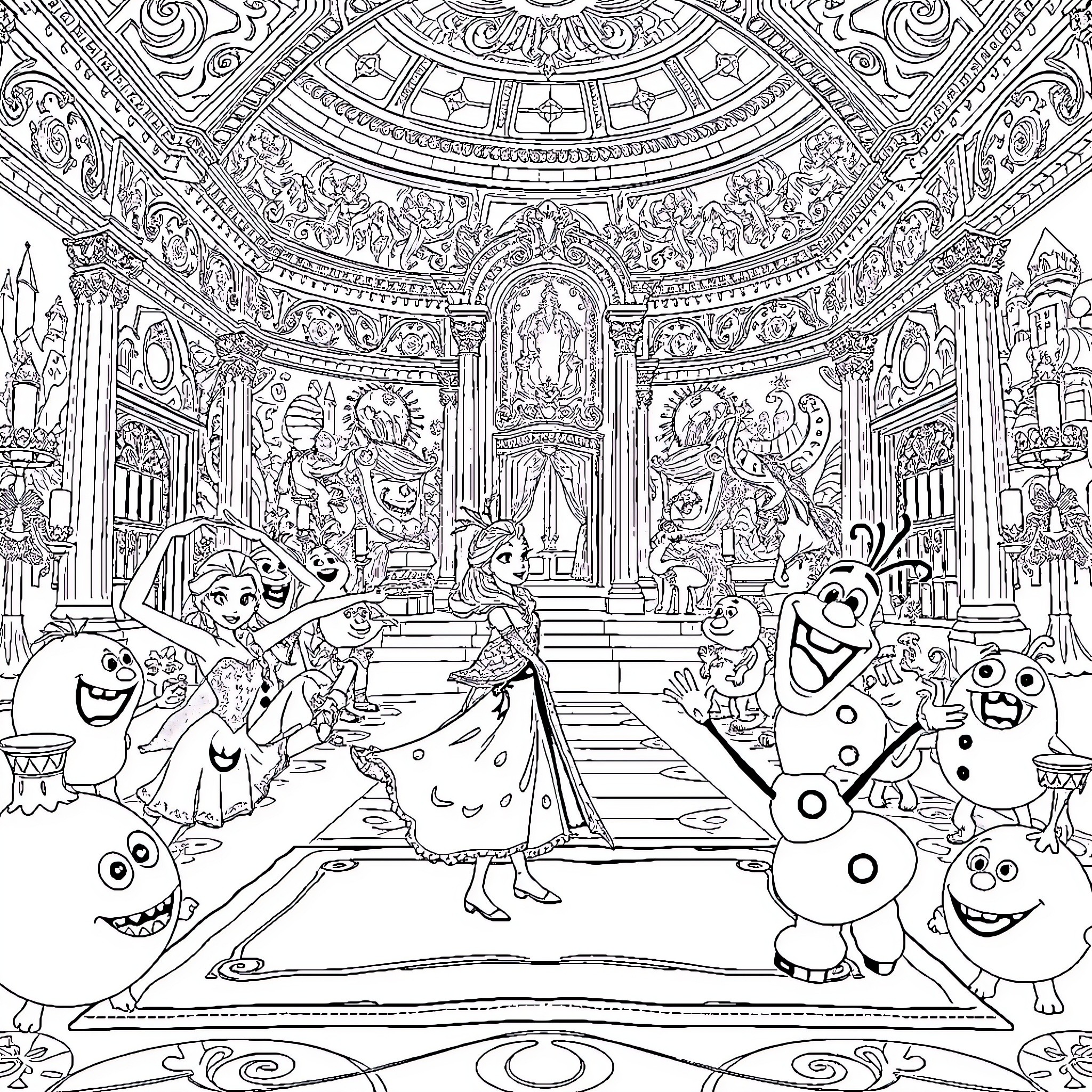 Monster characters in a fantastical castle setting Coloring Page (free black-and-white line drawing printable PDF for all, from beginners to advanced learners, including children, teens, adults, and seniors)