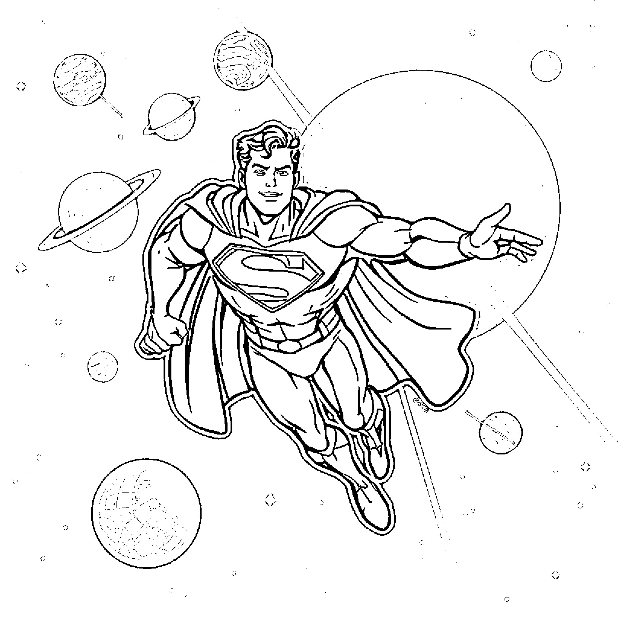 Superman flying amidst cosmic scene Coloring Page (free black-and-white line drawing printable PDF for all, from beginners to advanced learners, including children, teens, adults, and seniors)