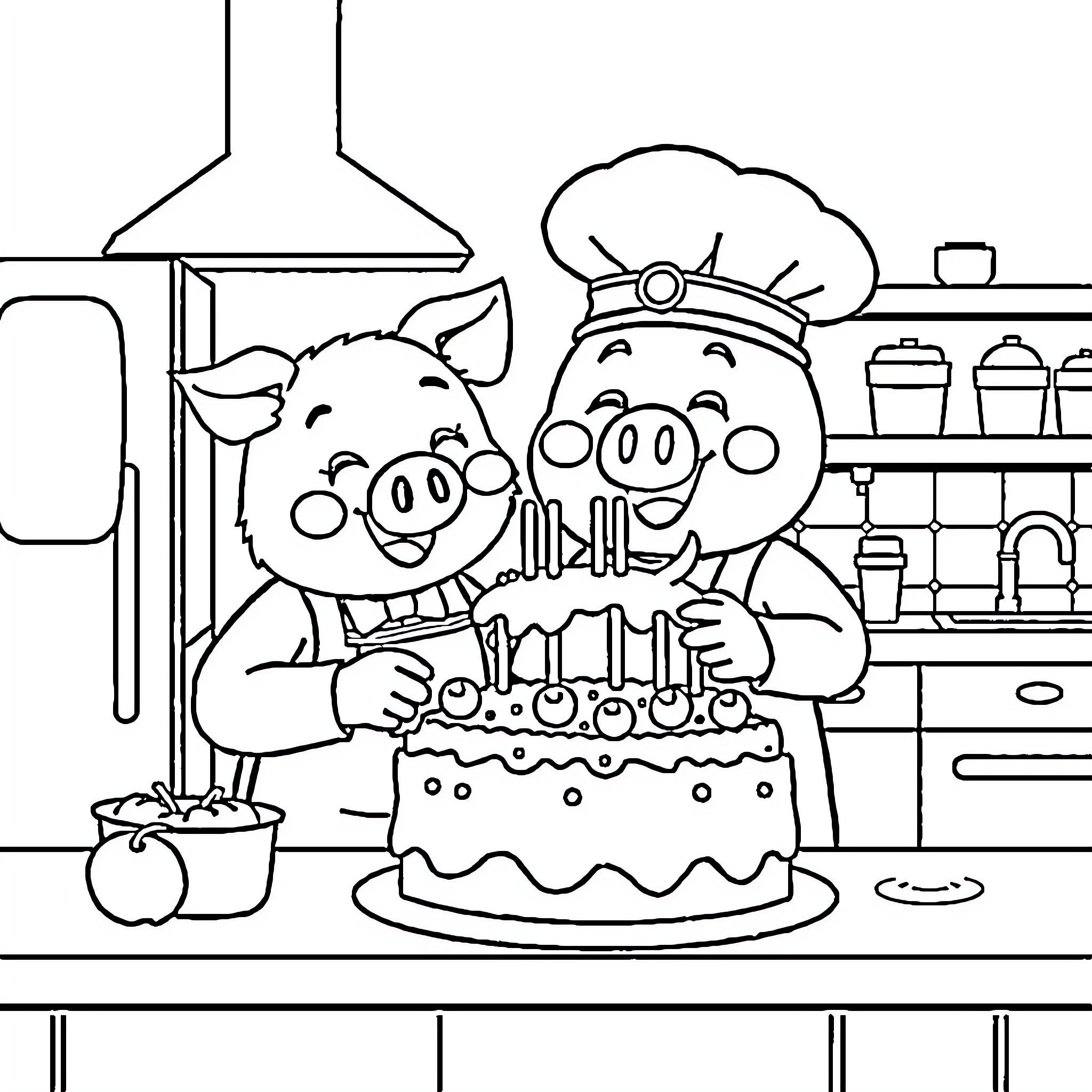 Anpanman enjoying a cake in the kitchen Coloring Page (free black-and-white line drawing printable PDF for all, from beginners to advanced learners, including children, teens, adults, and seniors)