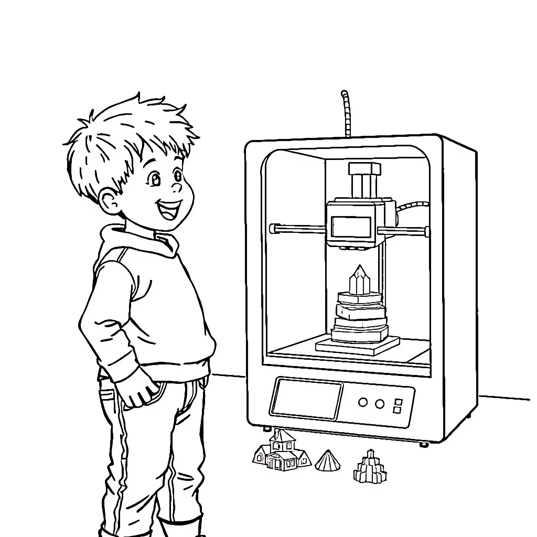 Kid examining 3D printer and toy models Coloring Page (free black-and-white line drawing printable PDF for all, from beginners to advanced learners, including children, teens, adults, and seniors)