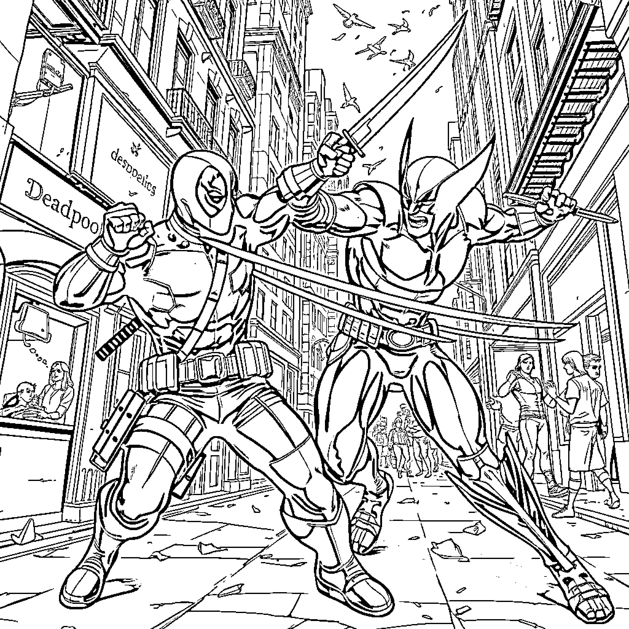 Deadpool's Acrobatic Antics in the City Streets Coloring Page (free black-and-white line drawing printable PDF for all, from beginners to advanced learners, including children, teens, adults, and seniors)