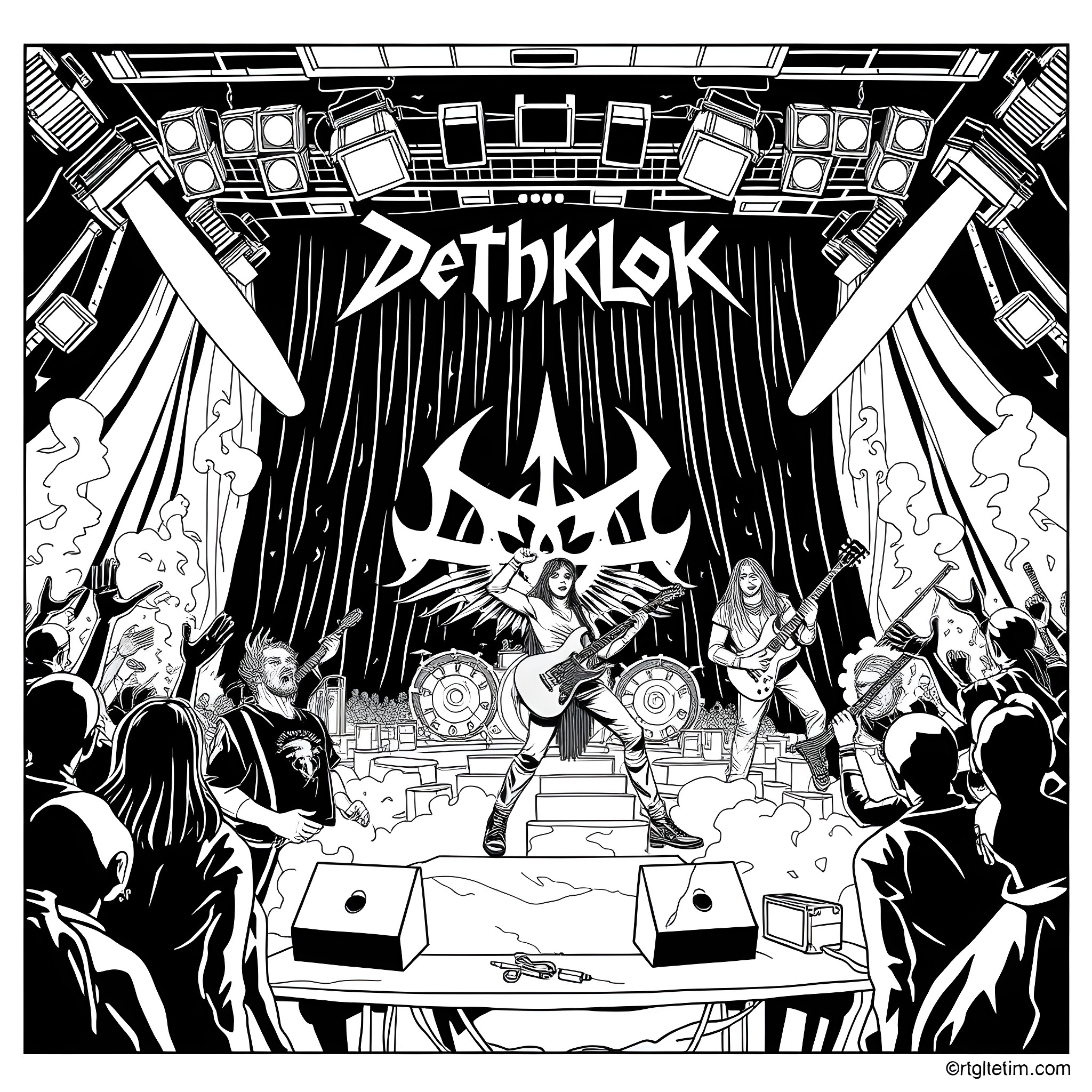 Dethklok's Electrifying Metal Performance on Stage Coloring Page (free black-and-white line drawing printable PDF for all, from beginners to advanced learners, including children, teens, adults, and seniors)