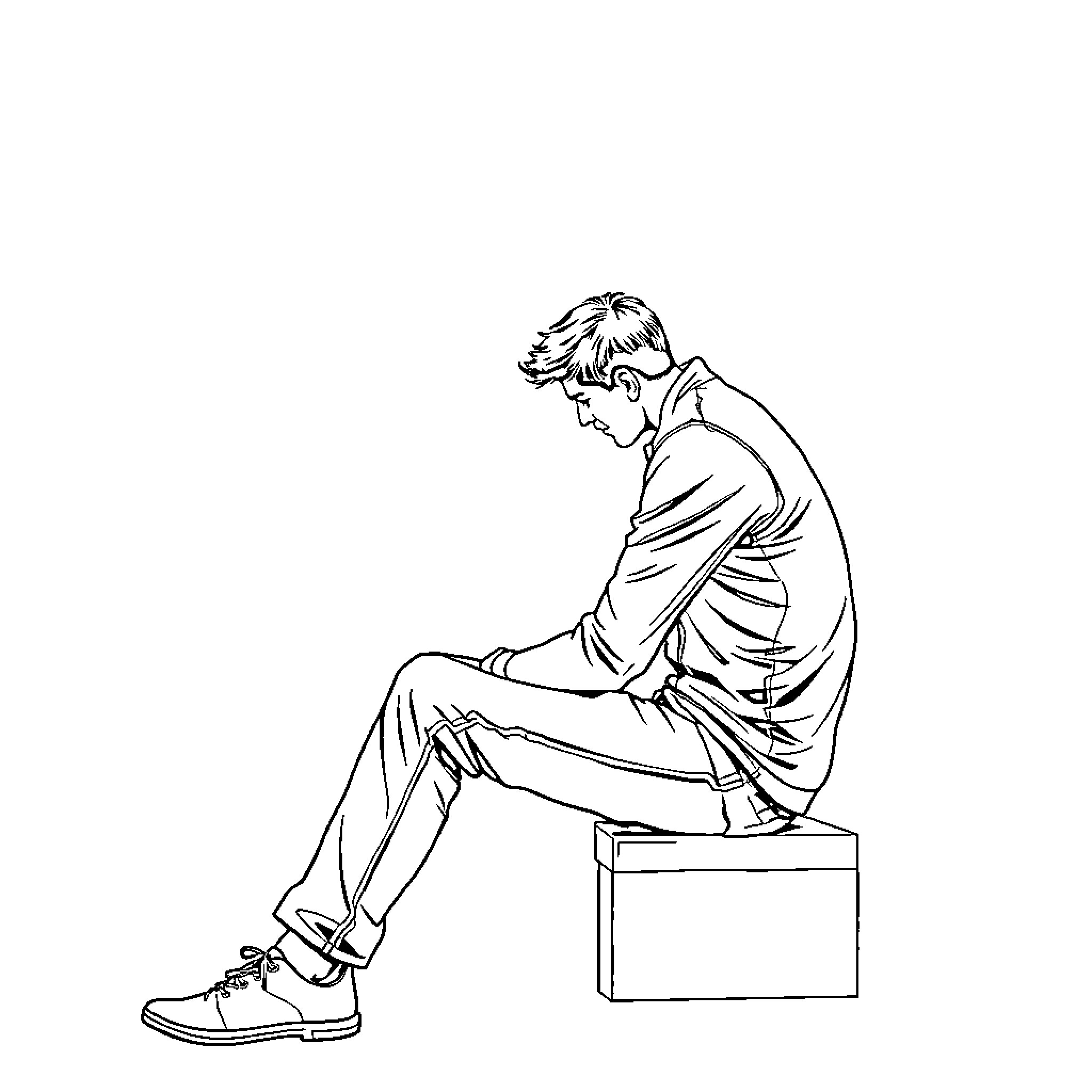 Guy sitting pensively on a box Coloring Page (free black-and-white line drawing printable PDF for all, from beginners to advanced learners, including children, teens, adults, and seniors)