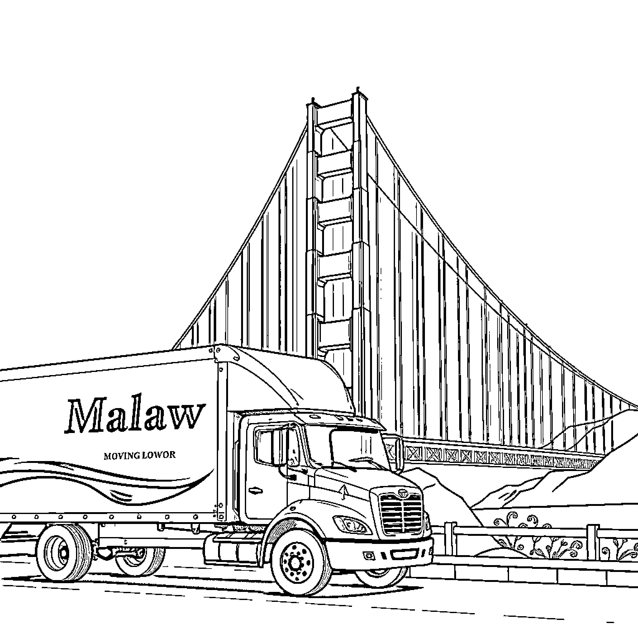 Truck crossing the iconic bridge Coloring Page (free black-and-white line drawing printable PDF for all, from beginners to advanced learners, including children, teens, adults, and seniors)
