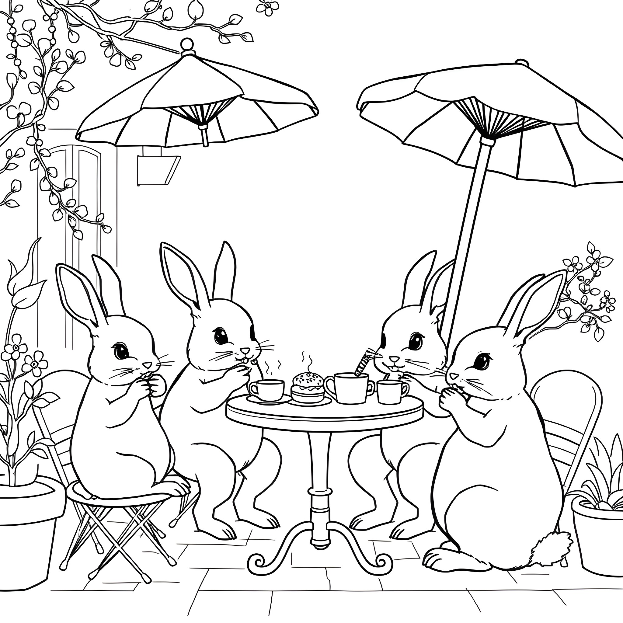 Rabbits Enjoying a Tea Party in the Garden Coloring Page (free black-and-white line drawing printable PDF for all, from beginners to advanced learners, including children, teens, adults, and seniors)