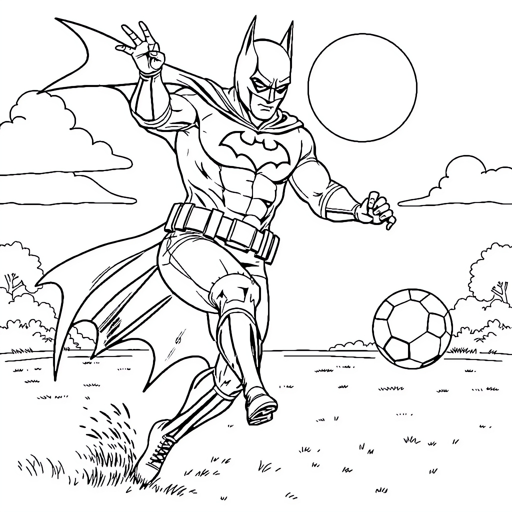 Batman kicking a soccer ball in a field Coloring Page (free black-and-white line drawing printable PDF for all, from beginners to advanced learners, including children, teens, adults, and seniors)