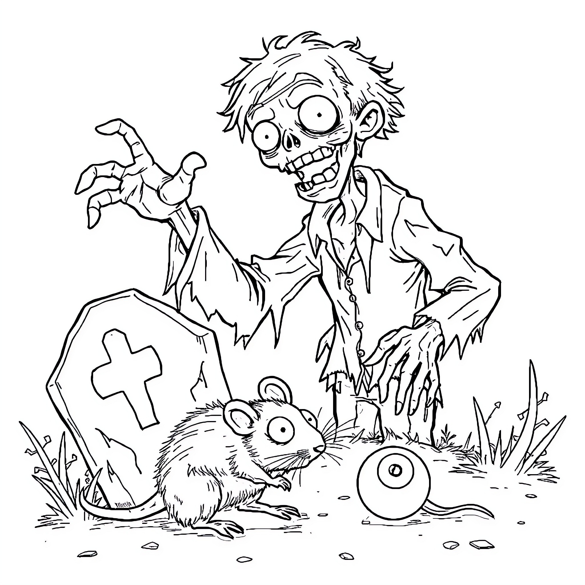 Zombie Crawling Towards Unsuspecting Rodent in Graveyard Coloring Page (free black-and-white line drawing printable PDF for all, from beginners to advanced learners, including children, teens, adults, and seniors)