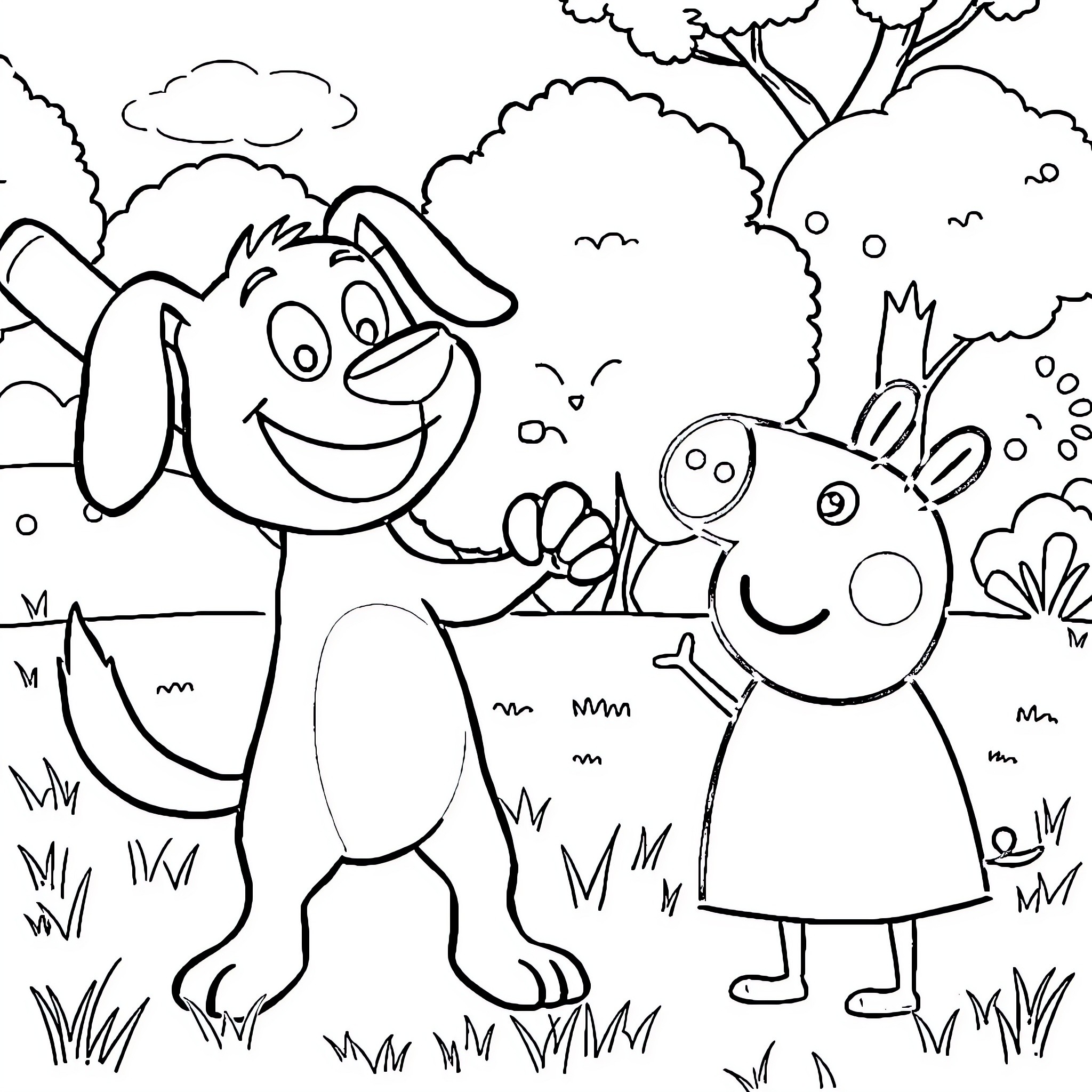 Bluey and Bingo playing happily in the park Coloring Page (free black-and-white line drawing printable PDF for all, from beginners to advanced learners, including children, teens, adults, and seniors)