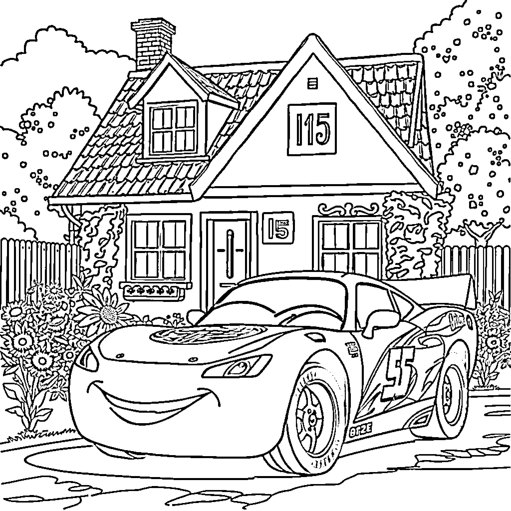 Lightning McQueen Races Through a Cozy Neighborhood Coloring Page (free black-and-white line drawing printable PDF for all, from beginners to advanced learners, including children, teens, adults, and seniors)