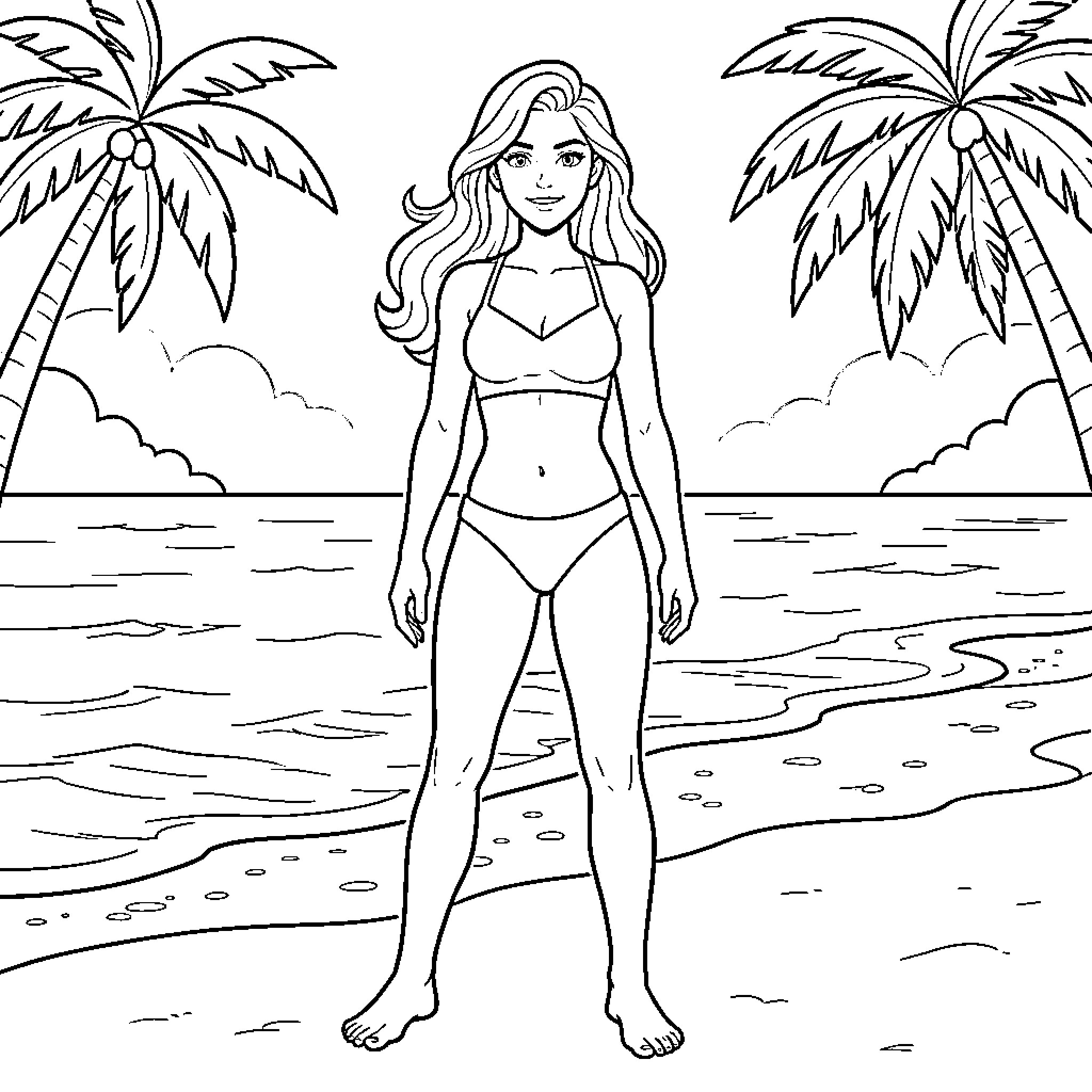 Supergirl enjoying a day at the beach Coloring Page (free black-and-white line drawing printable PDF for all, from beginners to advanced learners, including children, teens, adults, and seniors)