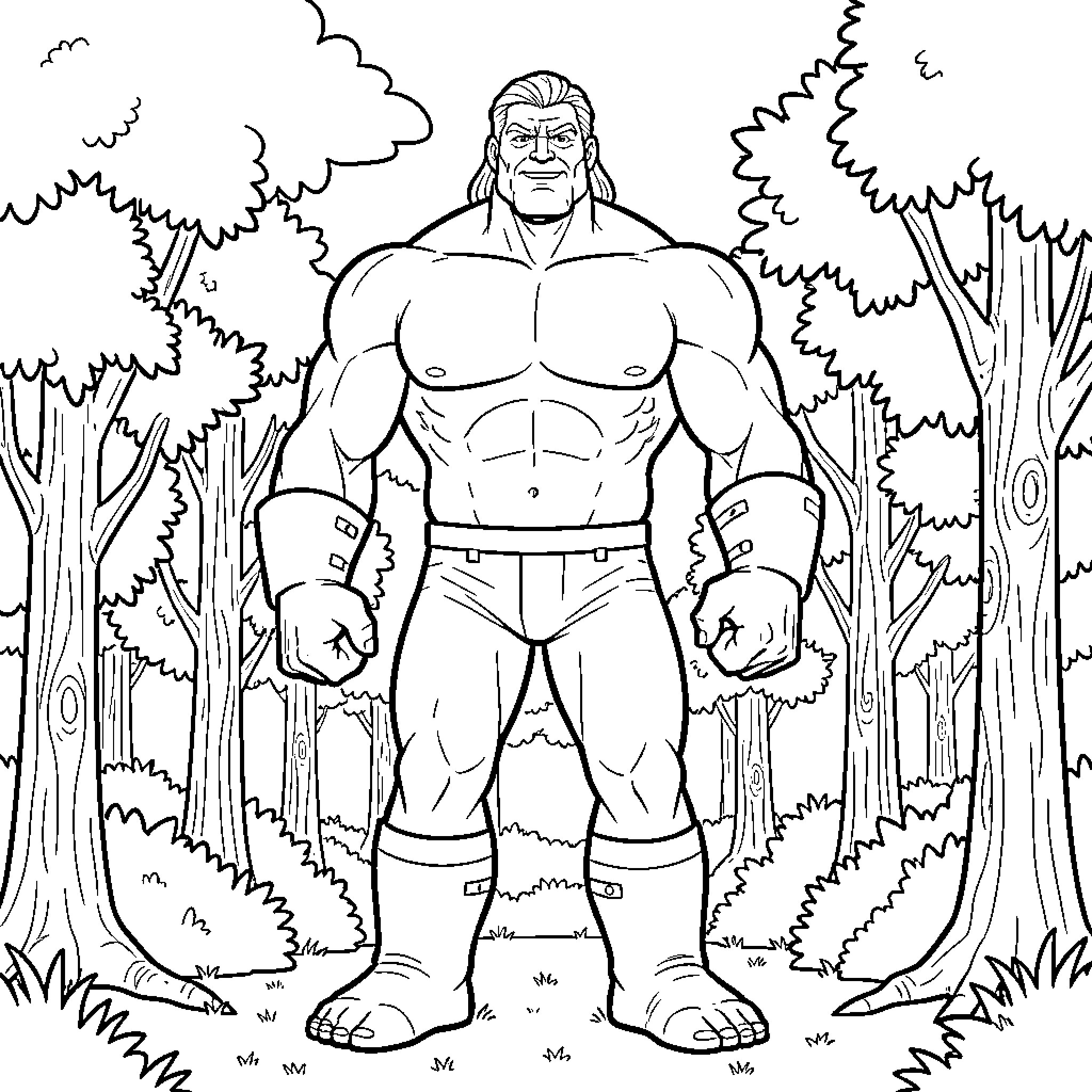Giant Muscular Warrior in Enchanted Forest Coloring Page (free black-and-white line drawing printable PDF for all, from beginners to advanced learners, including children, teens, adults, and seniors)