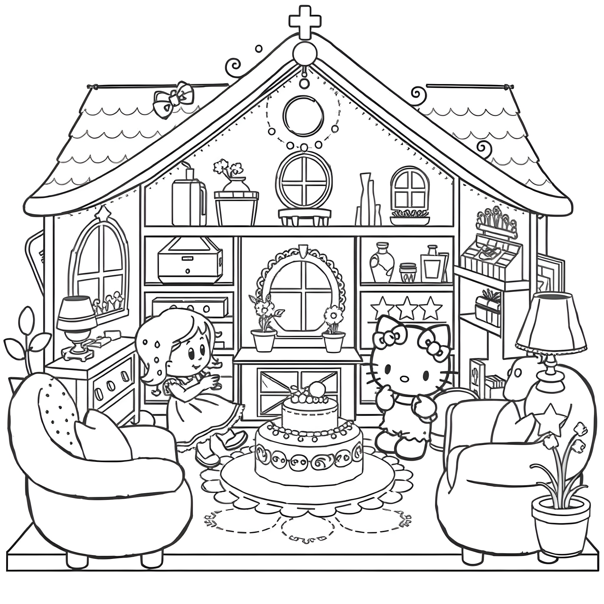 Gabby's Dollhouse: Cozy cottage scene with Hello Kitty characters Coloring Page (free black-and-white line drawing printable PDF for all, from beginners to advanced learners, including children, teens, adults, and seniors)