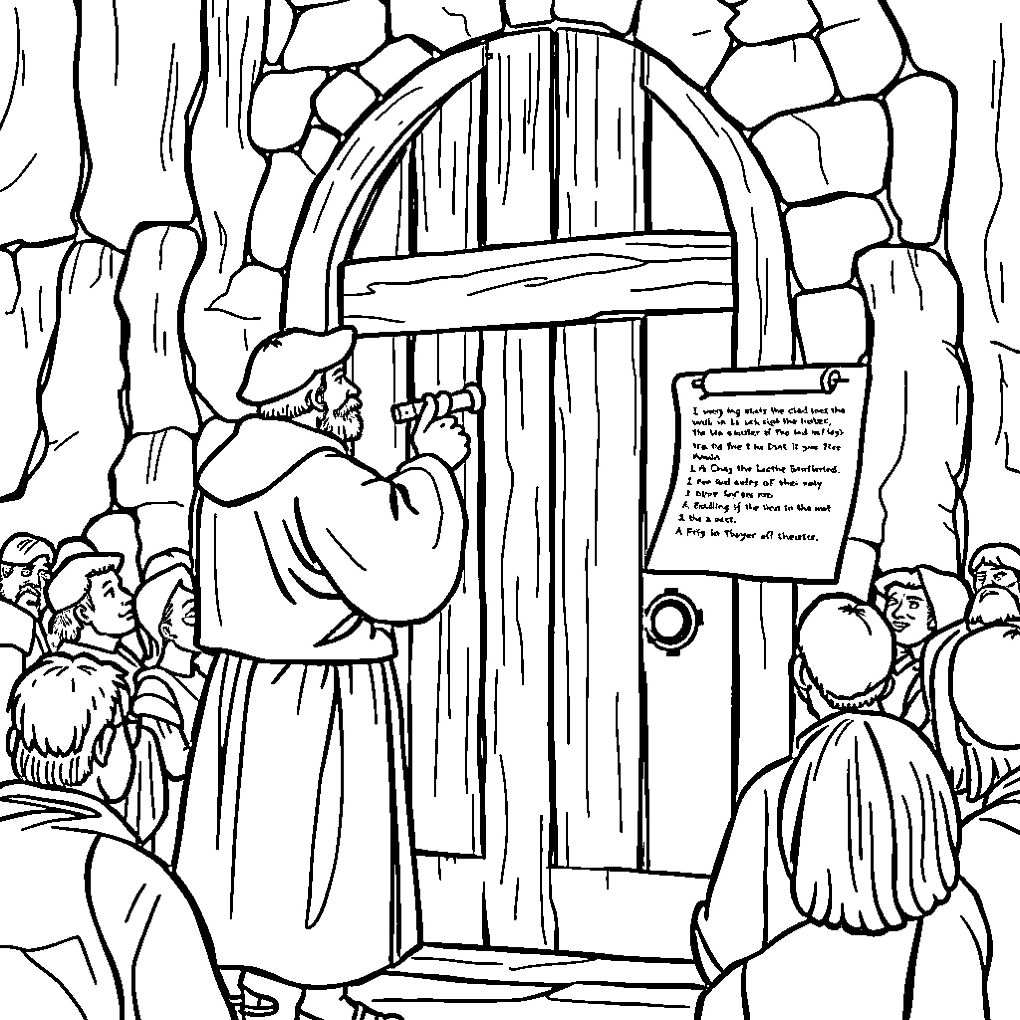 Martin Luther posting his Ninety-Five Theses on a church door Coloring Page (free black-and-white line drawing printable PDF for all, from beginners to advanced learners, including children, teens, adults, and seniors)
