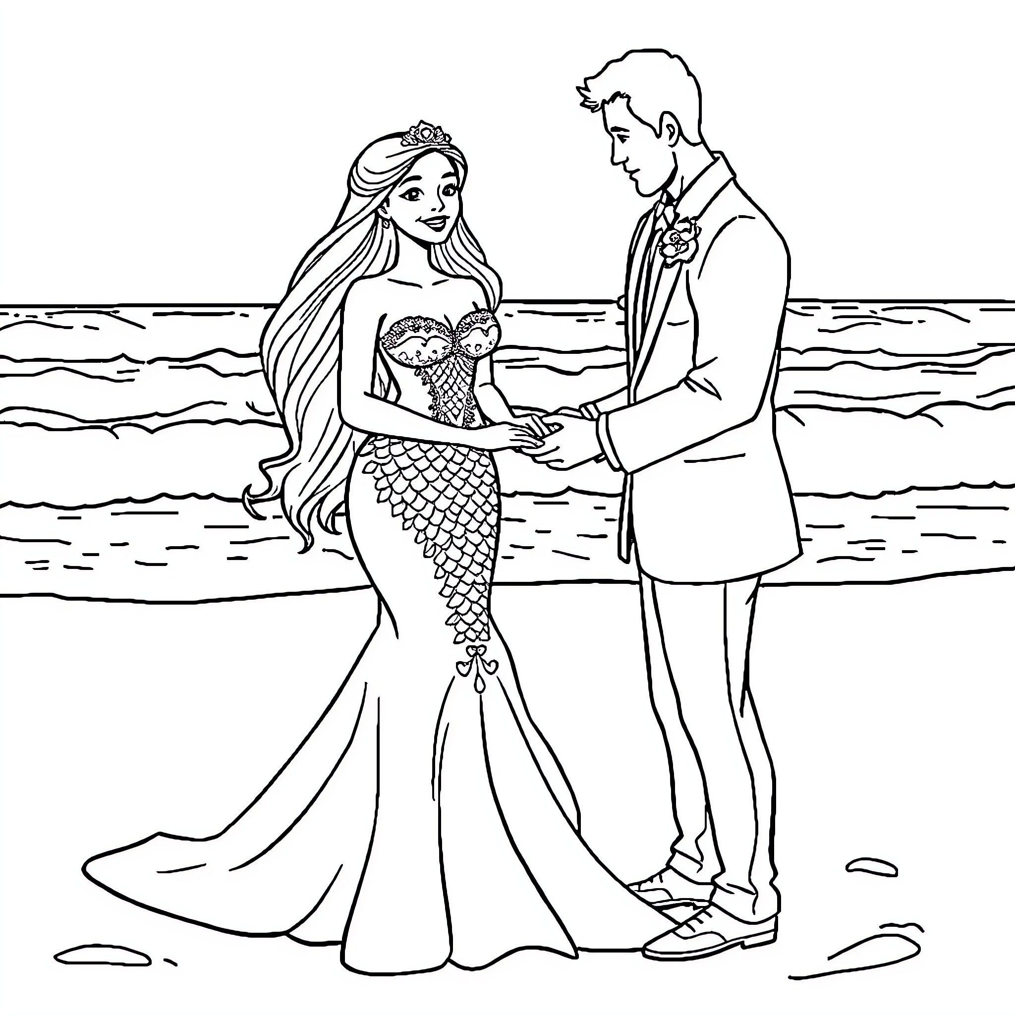 Mermaid bride and groom on the beach Coloring Page (free black-and-white line drawing printable PDF for all, from beginners to advanced learners, including children, teens, adults, and seniors)