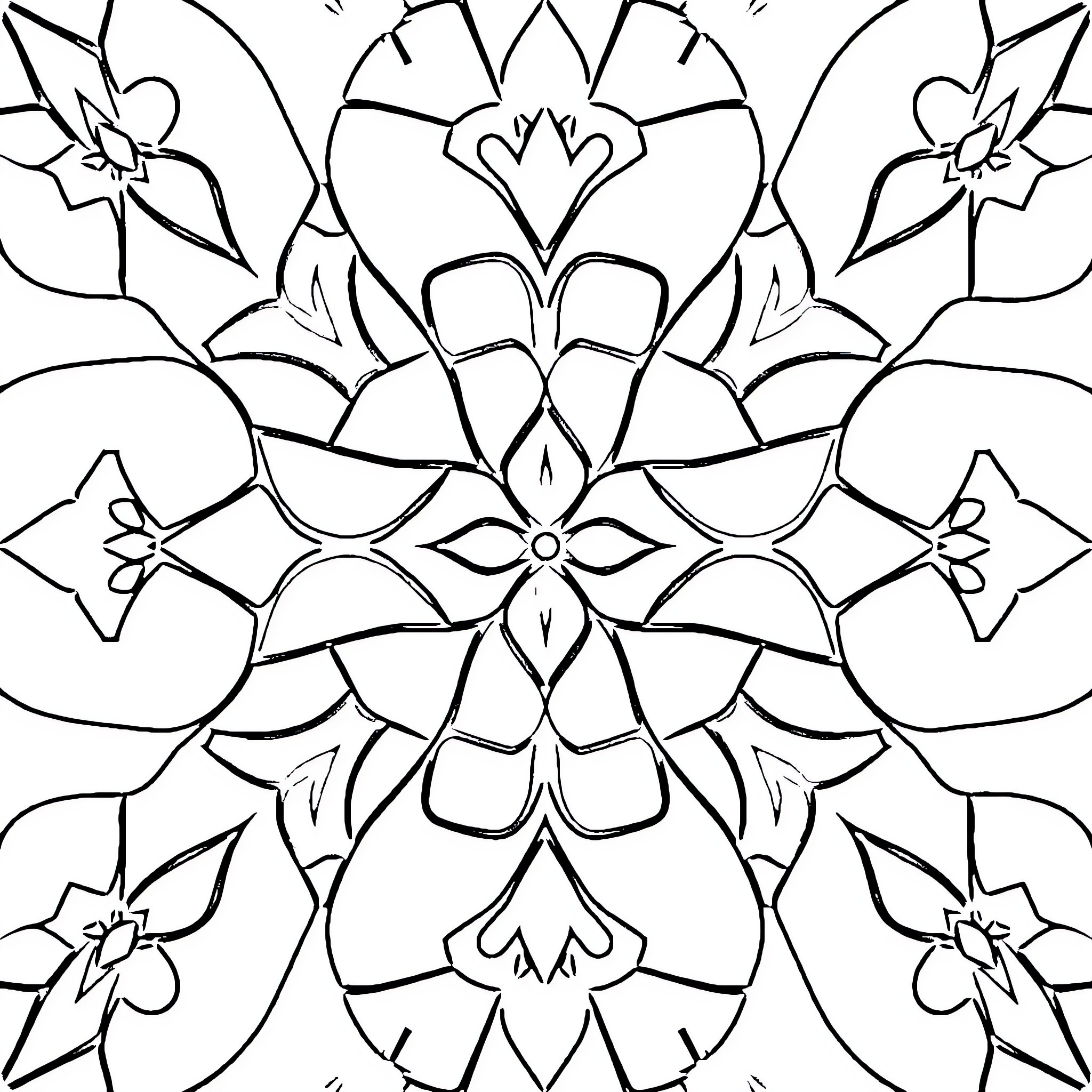 Pattern of intricate geometric floral designs Coloring Page (free black-and-white line drawing printable PDF for all, from beginners to advanced learners, including children, teens, adults, and seniors)