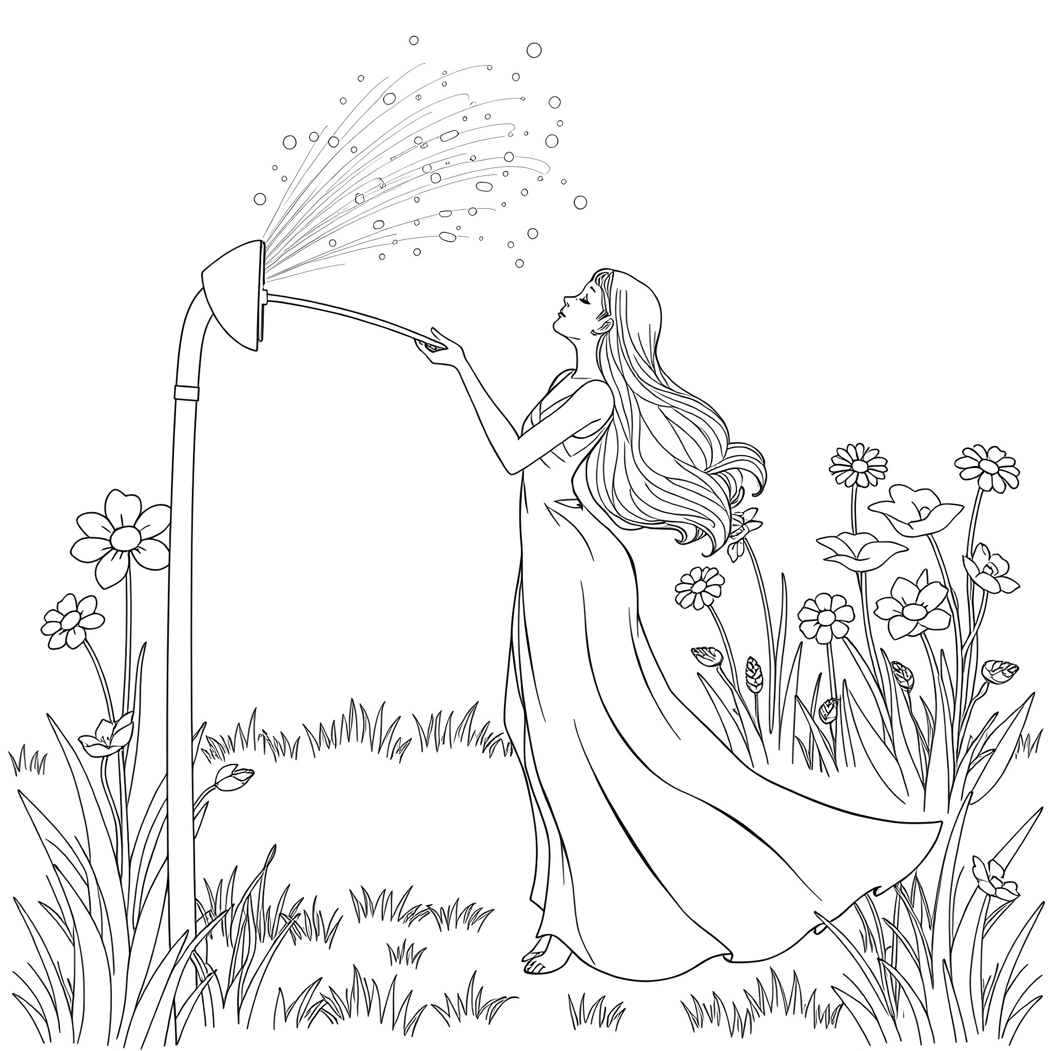Woman enjoying the refreshing shower in nature Coloring Page (free black-and-white line drawing printable PDF for all, from beginners to advanced learners, including children, teens, adults, and seniors)