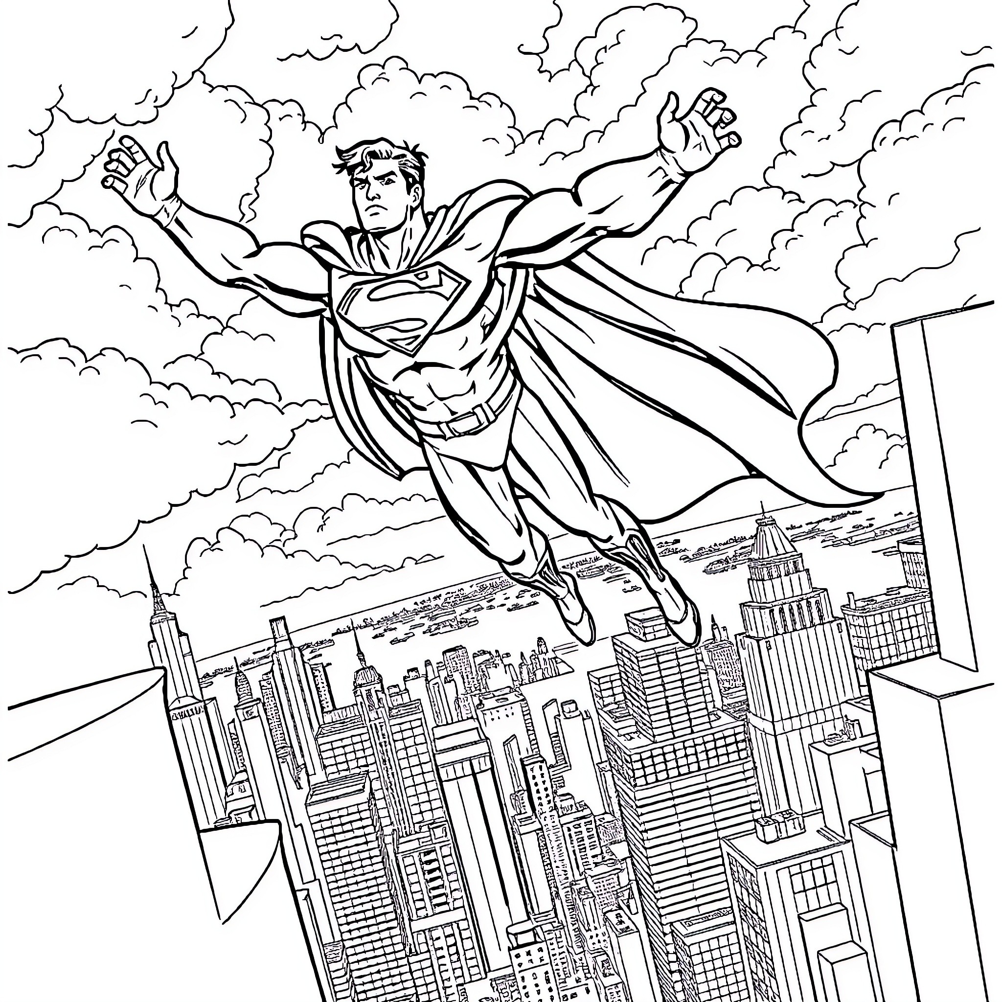 Superman soaring above the city skyline Coloring Page (free black-and-white line drawing printable PDF for all, from beginners to advanced learners, including children, teens, adults, and seniors)