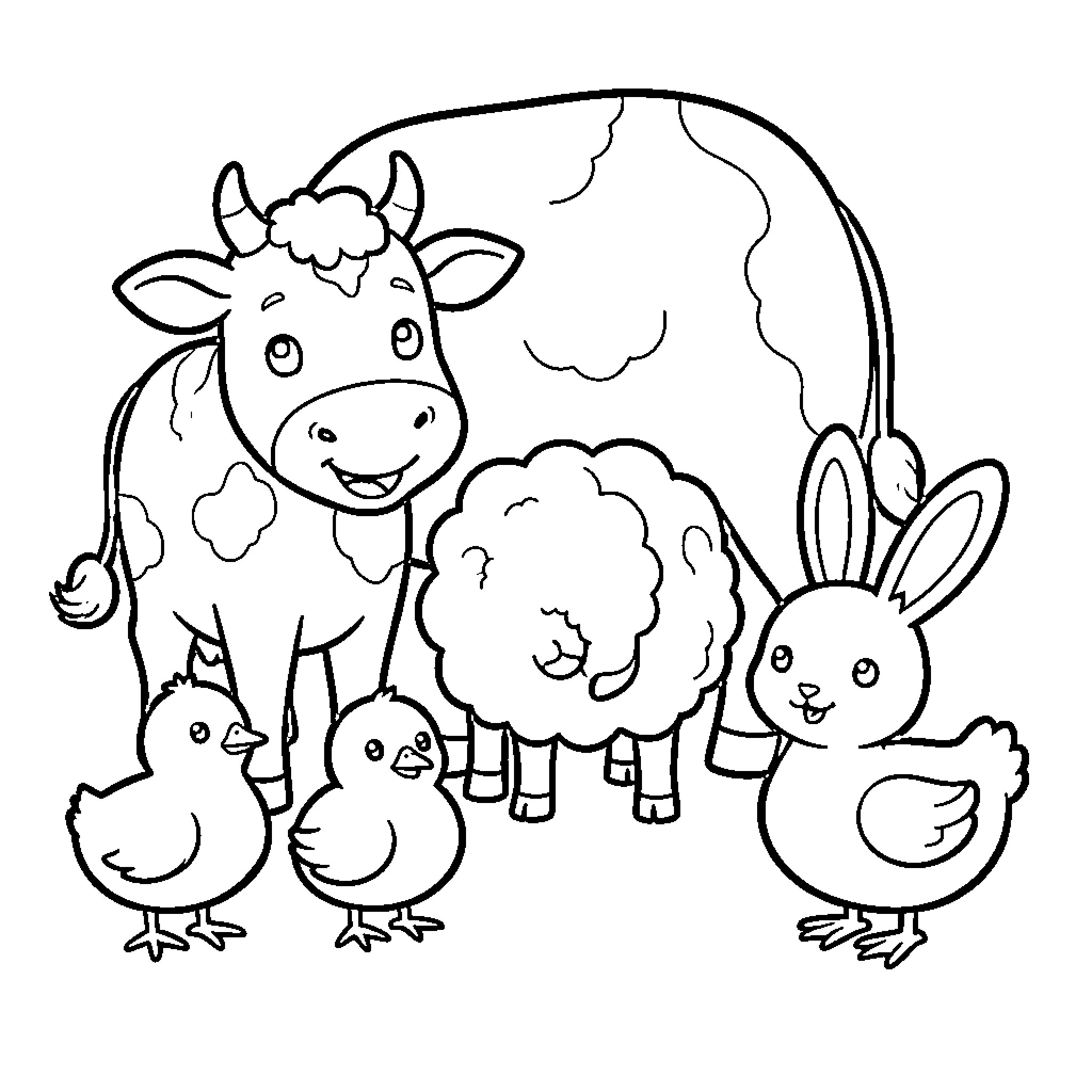 Farm Animal friends smiling together in a group Coloring Page (free black-and-white line drawing printable PDF for all, from beginners to advanced learners, including children, teens, adults, and seniors)