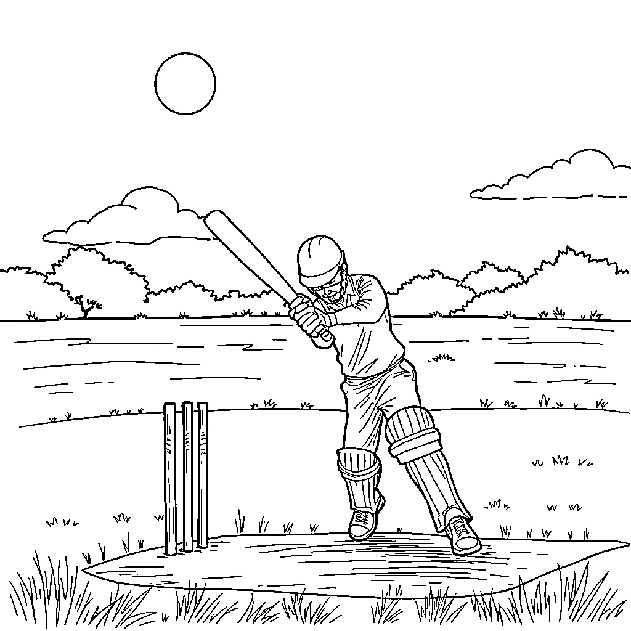 Person playing cricket on a field Coloring Page (free black-and-white line drawing printable PDF for all, from beginners to advanced learners, including children, teens, adults, and seniors)