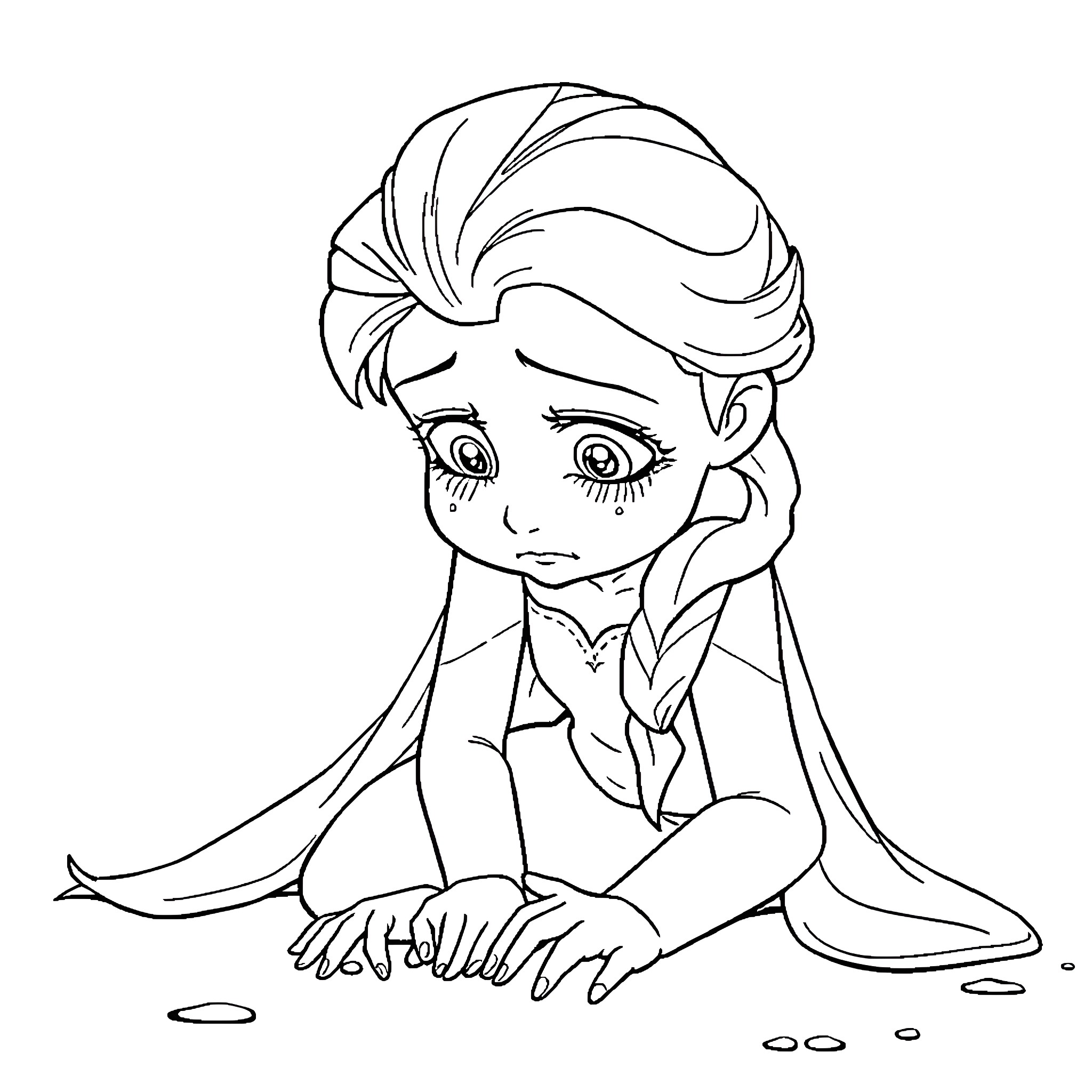 Elsa sitting alone in a thoughtful pose Coloring Page (free black-and-white line drawing printable PDF for all, from beginners to advanced learners, including children, teens, adults, and seniors)