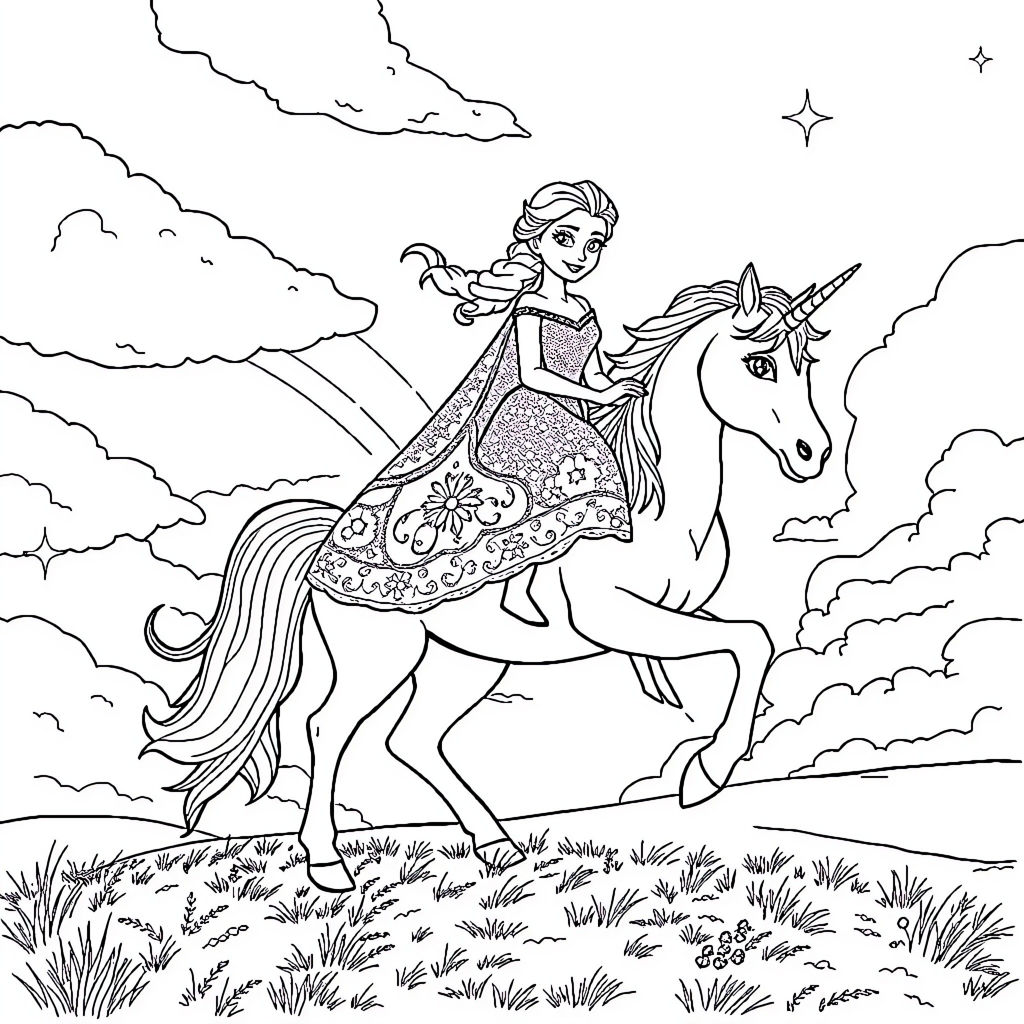 Elsa riding a magical unicorn through the enchanted meadow Coloring Page (free black-and-white line drawing printable PDF for all, from beginners to advanced learners, including children, teens, adults, and seniors)