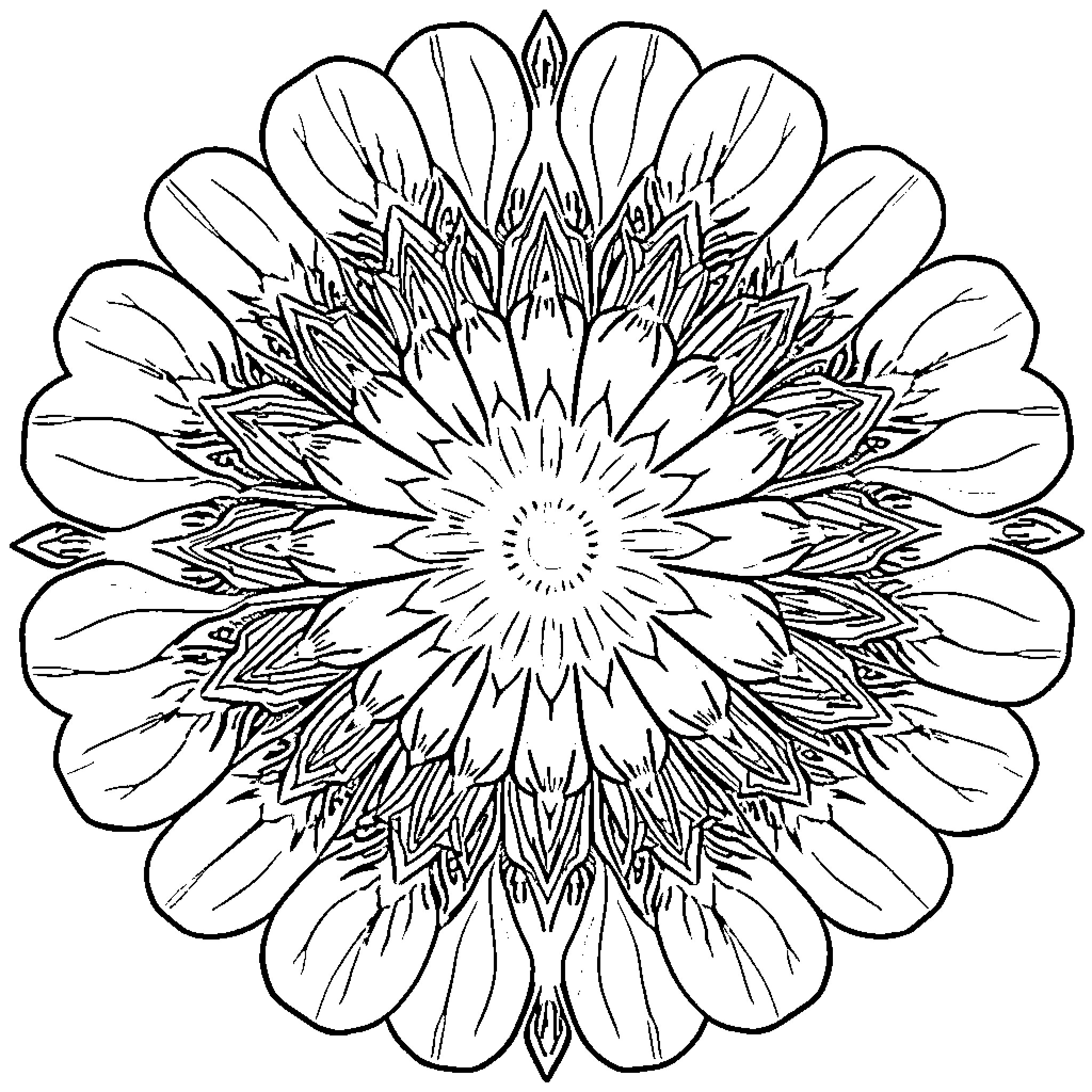 Poppy flower mandala design Coloring Page (free black-and-white line drawing printable PDF for all, from beginners to advanced learners, including children, teens, adults, and seniors)