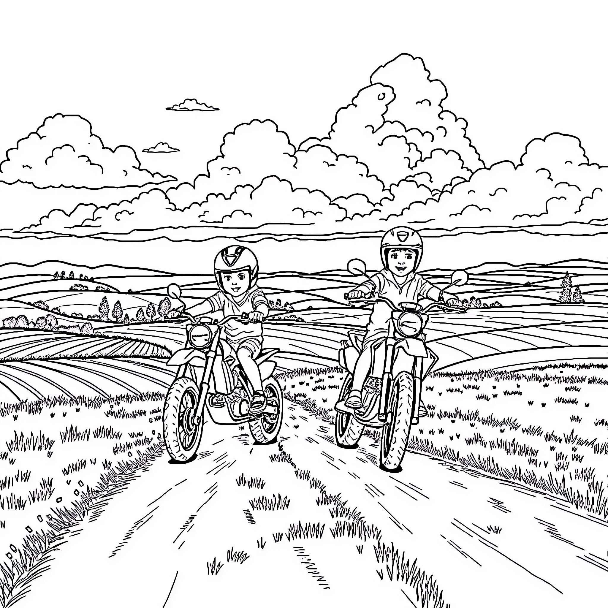 Boy riding motorcycles on a country road Coloring Page (free black-and-white line drawing printable PDF for all, from beginners to advanced learners, including children, teens, adults, and seniors)